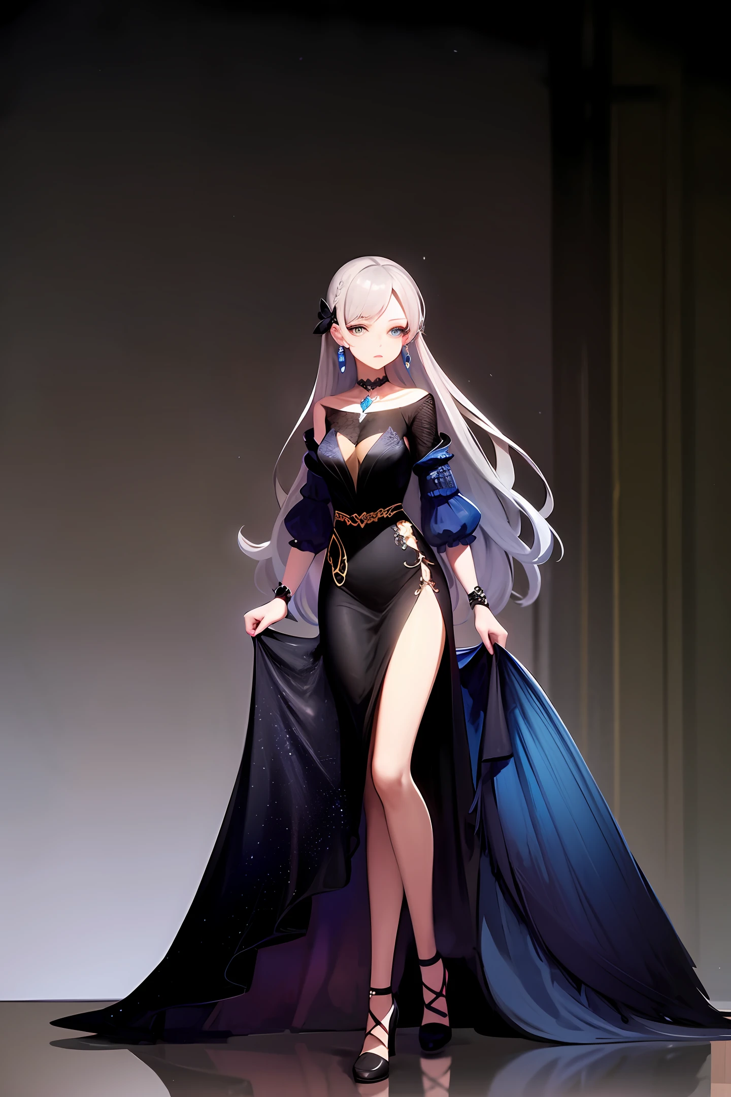 Highest image quality,A high resolution,A masterpiece,tmasterpiece,Beautiful,Temperamental girl,solo,Long curly blue-black hair,Silver hair accessories,Catwalk background,A long dress with a sense of design,ear jewelry,choker necklace,close,The upper part of the body,gem-like eyes,high-heels