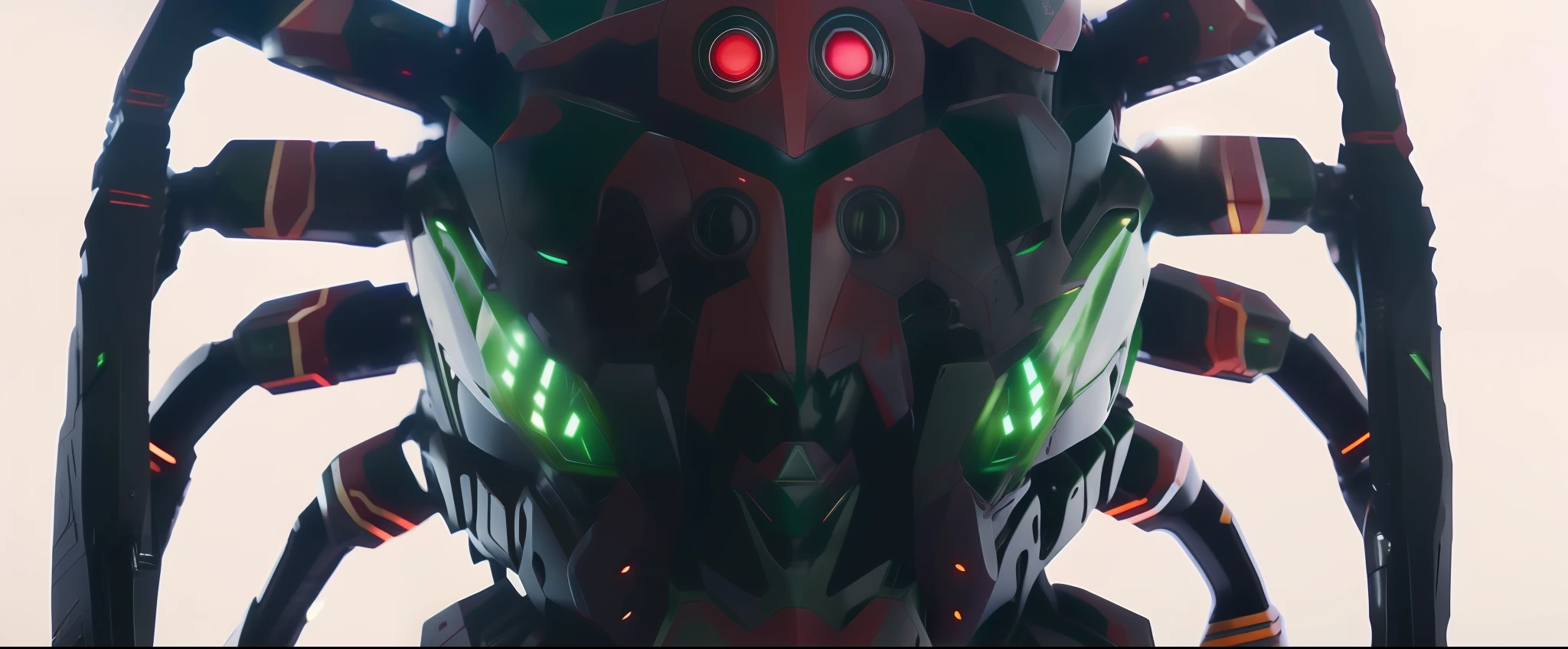 There is a large spider with green eyes，Wearing a red and black suit, Creature - Mecha face, cinematic close shot, pacific rim jaeger, cinematic front shot, style of ssss.gridman (2018), shot from cinematic, getter robo, cinematic full shot, detailed cinematic shot, cinematic close-up bust shot, insanely detailed octane render