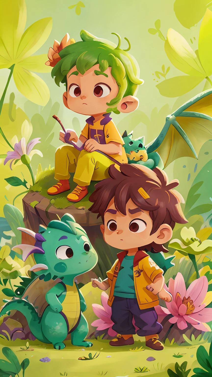 2 small dragons Spark in flowers , 1 verde e outro amarelo , crisp color , 8k , estilo Pixar 3D