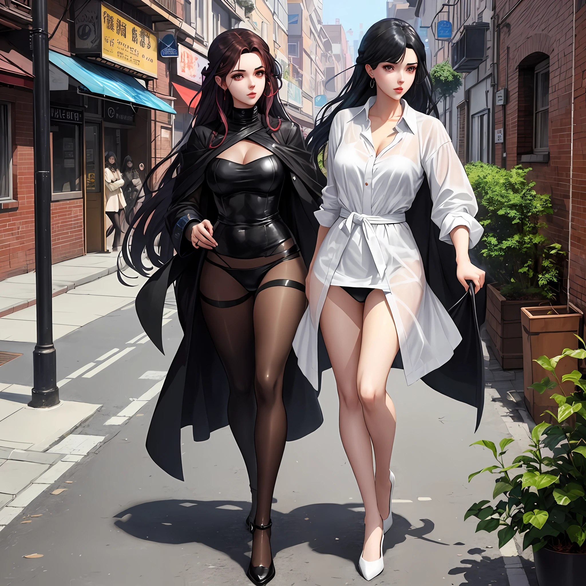 Two women dressed in black and white walking down the street, trending on cgstation, Range Murata and Artgerm, Realistic anime 3 D style, black-white skintight robes!, two beautiful anime girls, Ruan Jia and Artgerm, in city street, krenz cushart and wenjun lin, nixeu and sakimichan