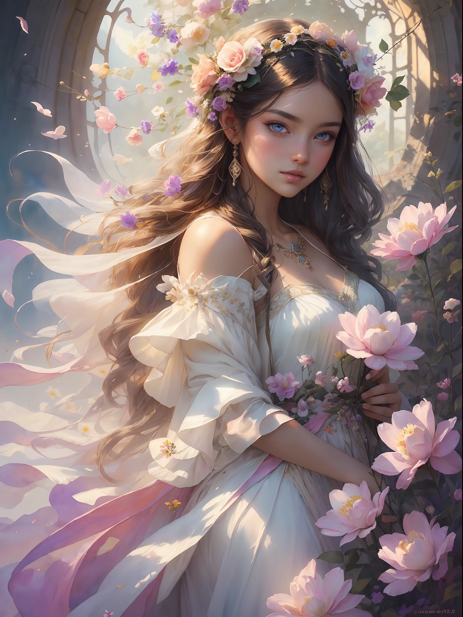 This artwork is dreamy and ethereal, with colors drawing inspiration from gentle watercolors, primarily pink. Generate a delicate and demure flower maiden with soft, realistic hair dancing in the breeze. Her sweet, realistic face is extremely detailed and has puffy, big lips and stunning, highly realistic eyes. Her eyes are important and should be realistic, highly detailed, and beautiful. The flower maiden is wearing delicate and elegant fabric of silk and satin. She is surrounded by beautiful flowers of varying sizes and colors and flower petals dancing in the wind around her. The background is detailed, wild, and unruly, with wildflowers and wind and pollen creating a dynamic and compelling image. She wears an ornately flowered headdress that enhances her soft beauty. Include a soft watercolor sky. Include fantasy details, enhanced details, iridescence, colorful glittering wind, and pollen. Pay special attention to her face and make sure it is beautifully and realistically detailed. The image should be dreamy and ethereal.8k, intricate, elegant, highly detailed, majestic, digital photography, art by artgerm and ruan jia and greg rutkowski, (masterpiece, finely detailed beautiful eyes: 1.2), hdr, realistic skin texture, ((fantasy00d:1)), rays of light, ornate flowers, dew drops, sunlight, hazy rays of sun, flowergateway style, castle, palace, archway, flowers, growing