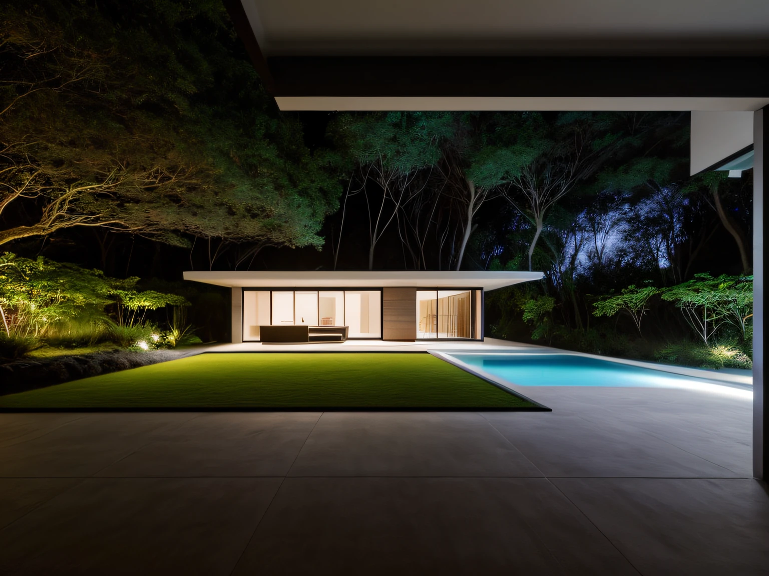 Forest landscape full of plane trees,  Arquitetura moderna, Arquitetura futurista, Arquitetura Deslumbrante, Modern house not center, casa inspirada em tadao ando, ambiente quente, glow at night, ........RAW, HDR, (Casa pequena de concreto, portadas de Madeira e muito vidro na floresta, pequenos tufos de alfazema no exterior, reflexions, ray tracing:1.3), cinemactic, Grey Slate, dramatic light, arquitetura, vibrant greenery outside, jardim exuberante no fundo, renderizado, muito detalhe, 8k, hiper-realismo, Joao Salvador, fotografia .......RAW de uma paisagem, pequenos detalhes, fotorrealista, Fotografia Ultrarrealista, 8k UHD, DSLR, soft-lighting, alta qualidade, grain of film, Fujifilm XT3, (obra-prima)