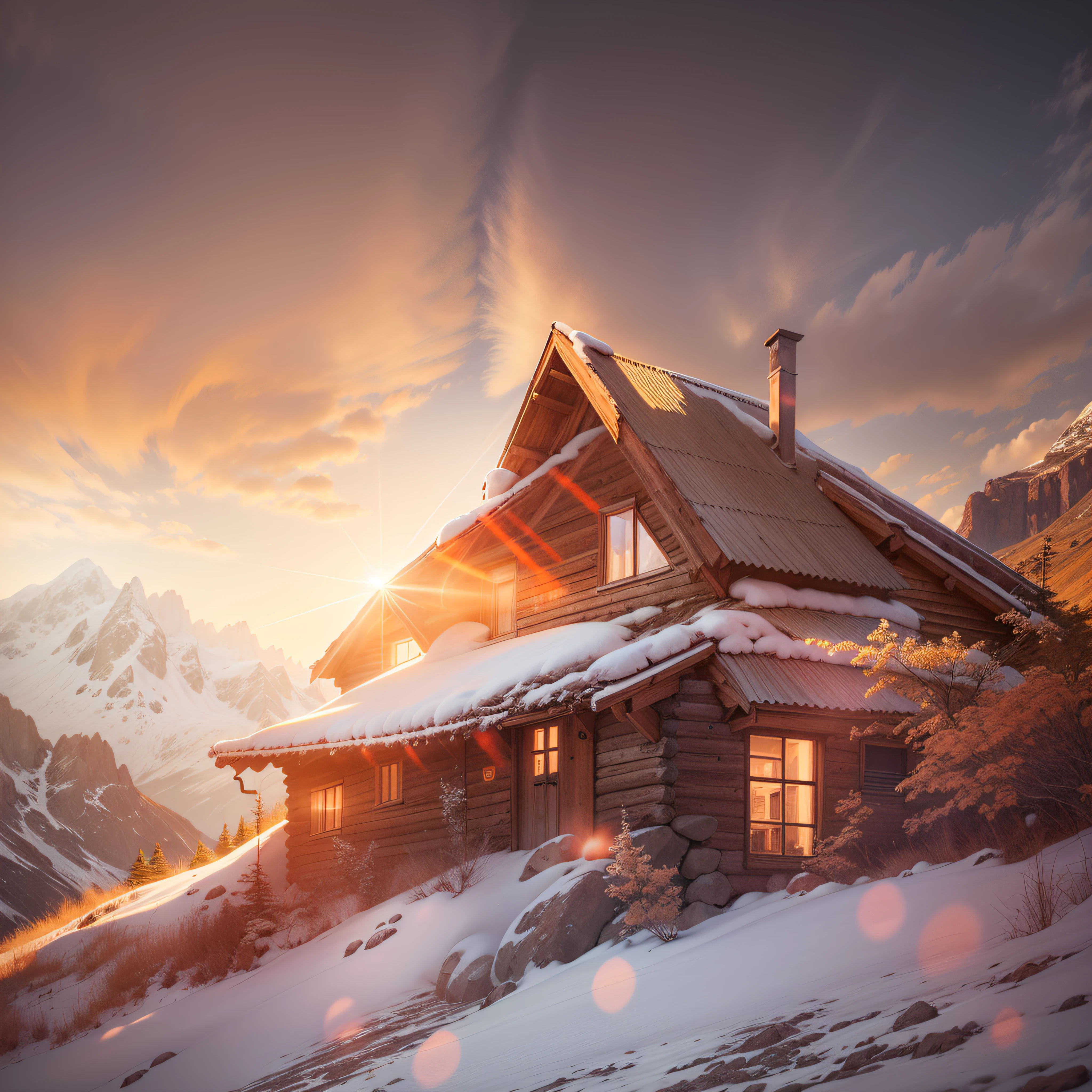 Mountain hut, warm light, fine details, high definition, realism, spectacular light, double exposure photography, landscape photography, nature photography