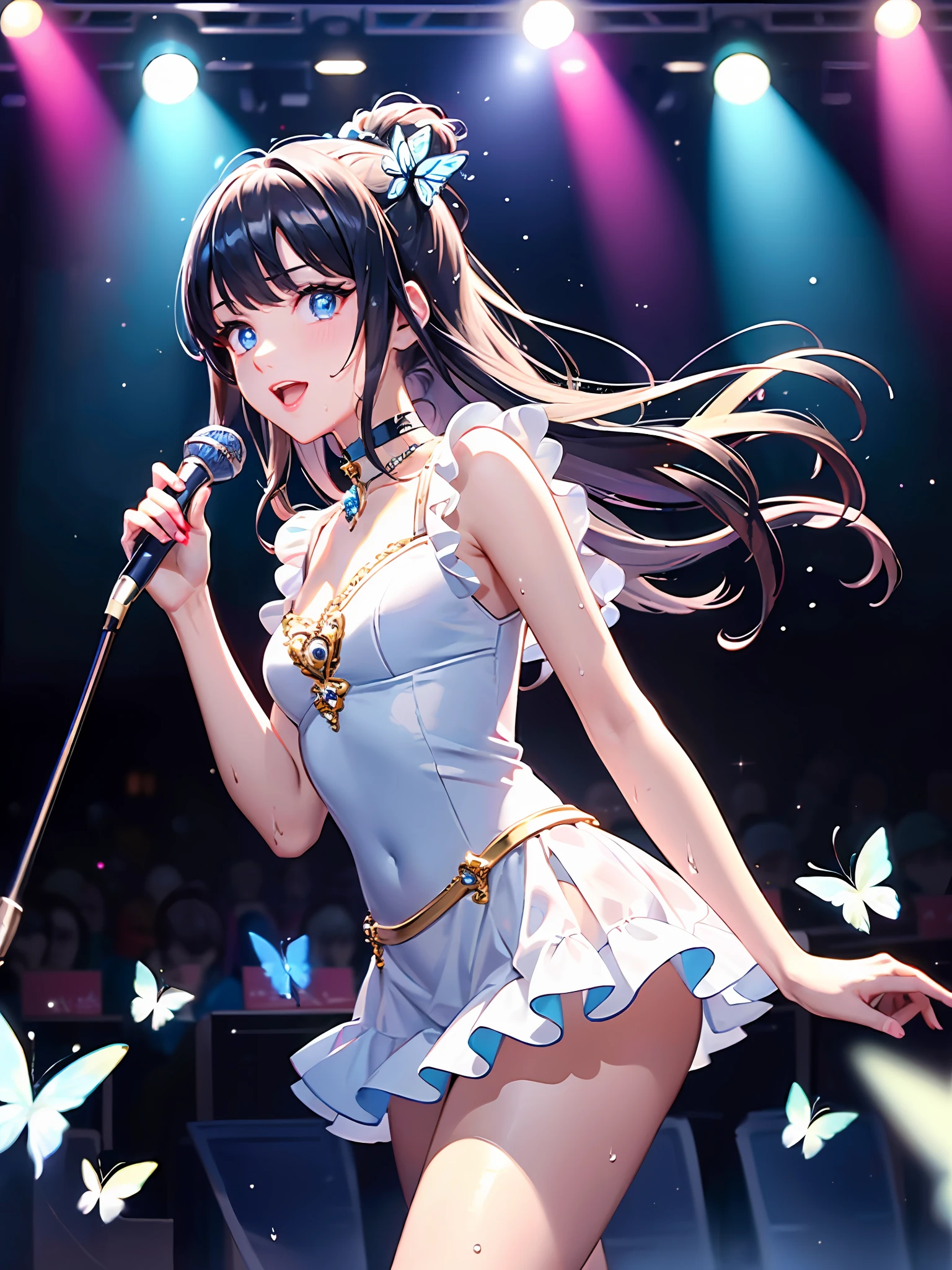 Illustration, cinematic light, high resolution, best quality, super detailed, detailed face, (detailed eyes), highest quality, super detailed, masterpiece, (detailed face), pretty face, best smile, sexy mature woman transparent (idol outfit: 1.5), ruffled miniskirt, cloth, choker, open cloth, NSFW, high heels, blue eyes, neon small shiny hair edges, AI fantasy concert, Shining lighting, idol, with neon details, (live stage: 1.15), (holding the microphone in left hand and singing: 15), (crowded audience in the background), light reflection, heart-shaped iris, playful eyes, open shoulders, (wet body), small glowing butterfly, hair jewelry, panties, cute panties: 1.5