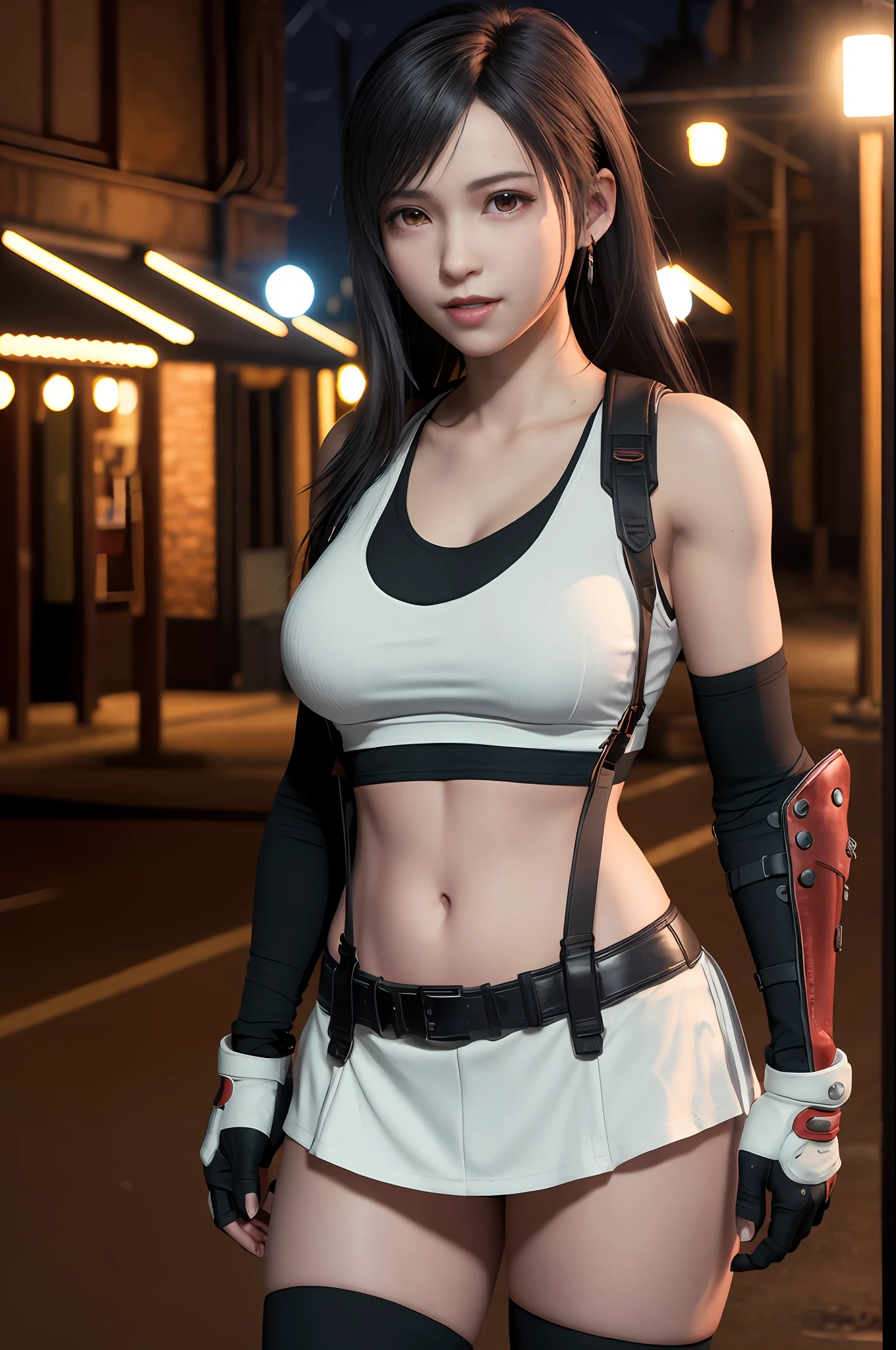 (8K, Best quality, Masterpiece:1.2), （full bodyesbian：1.2），(Realistic, photo-realistic:1.37), Ultra-detailed, 1 girl,Cute, Solo, (Tifa Lockhart), (Huge breasts),(Beautiful detailed eyes), (Smile:1.2), (Closed mouth), Erotic pose, Dancing, Neon lights, Cityscape, Depth of field, Dark intense shadows, Sharp focus, The Car, Motion blur, the motorcycle, Depth of field, well-composed, Green glowing light, Final Fantasy VII, dated,(nose blush), single elbow pad, Ankle boots, Black hair, black thighhigns, Red boots, Elbow gloves, elbow pads, Fingerless gloves, Tight fitting shirts, Sports bra, (suspender black skirt), upper legs, Gilet blanc, full body, head rest, Lips, Pretty face, low-tied long hair, ((Red_Eyes)), Yellow flowers, (Night:1.3), Intricate, Bokeh, Cinematic lighting, photon maping, Radio City, Physically-based rendering, (Tetsuya Nomura style), NSFW, Perfect breasts