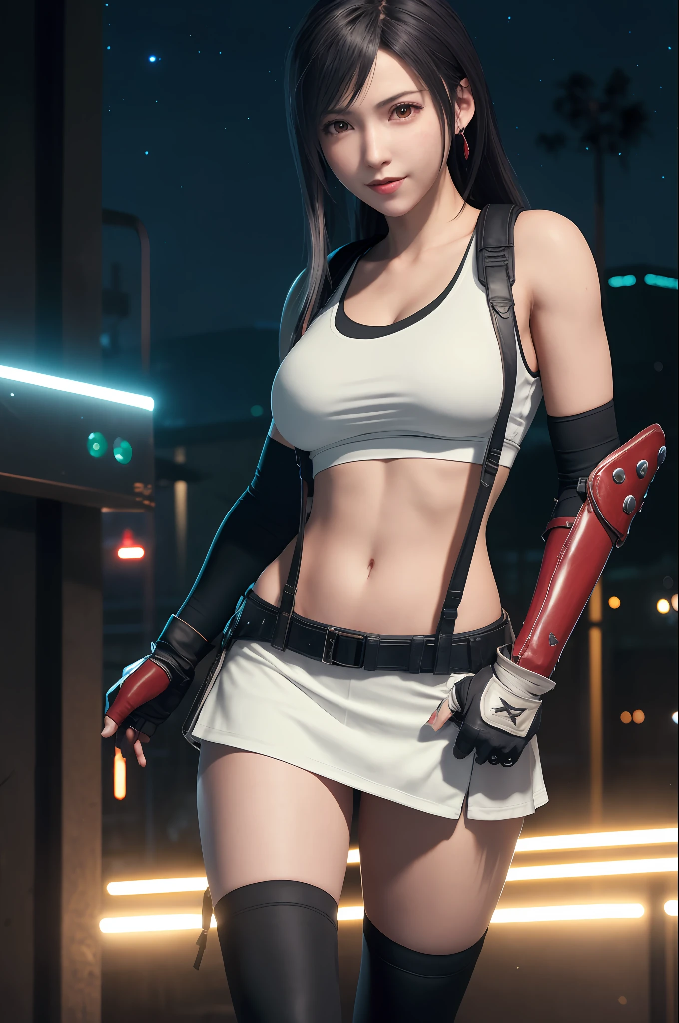 (8K, Best quality, Masterpiece:1.2), （full bodyesbian：1.2），(Realistic, photo-realistic:1.37), Ultra-detailed, 1 girl,Cute, Solo, (Tifa Lockhart), (Huge breasts),(Beautiful detailed eyes), (Smile:1.2), (Closed mouth), Erotic pose, Dancing, Neon lights, Cityscape, Depth of field, Dark intense shadows, Sharp focus, The Car, Motion blur, the motorcycle, Depth of field, well-composed, Green glowing light, Final Fantasy VII, dated,(nose blush), single elbow pad, Ankle boots, Black hair, black thighhigns, Red boots, Elbow gloves, elbow pads, Fingerless gloves, Tight fitting shirts, Sports bra, (suspender black skirt), upper legs, Gilet blanc, full body, head rest, Lips, Pretty face, low-tied long hair, ((Red_Eyes)), Yellow flowers, (Night:1.3), Intricate, Bokeh, Cinematic lighting, photon maping, Radio City, Physically-based rendering, (Tetsuya Nomura style), NSFW, Perfect breasts