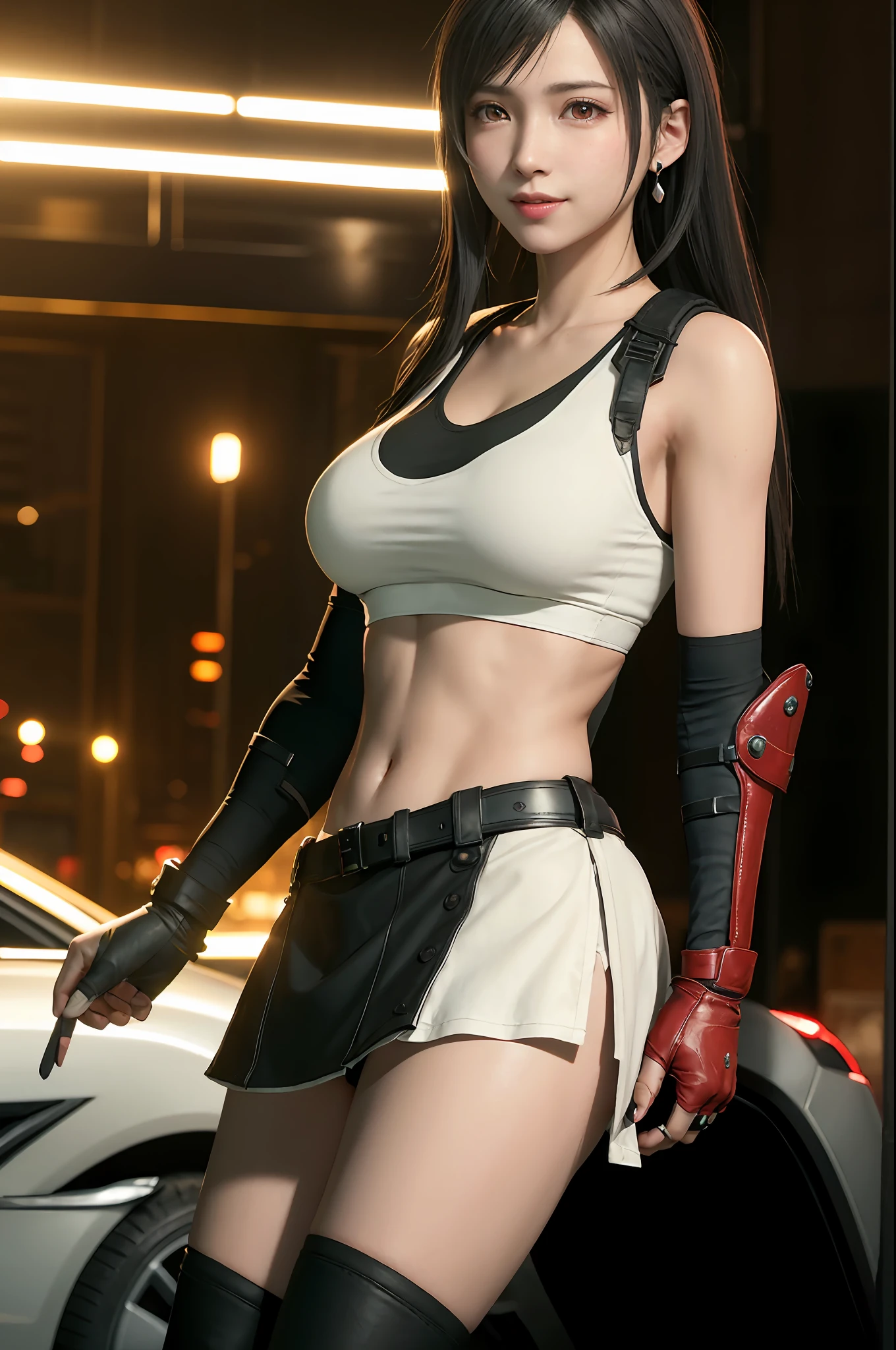 (8K, Best quality, Masterpiece:1.2), （full bodyesbian：1.2），(Realistic, photo-realistic:1.37), Ultra-detailed, 1 girl,Cute, Solo, (Tifa Lockhart), (Huge breasts),(Beautiful detailed eyes), (Smile:1.2), (Closed mouth), Erotic pose, Dancing, Neon lights, Cityscape, Depth of field, Dark intense shadows, Sharp focus, The Car, Motion blur, the motorcycle, Depth of field, well-composed, Green glowing light, Final Fantasy VII, dated,(nose blush), single elbow pad, Ankle boots, Black hair, black thighhigns, Red boots, Elbow gloves, elbow pads, Fingerless gloves, Tight fitting shirts, Sports bra, (suspender black skirt), upper legs, Gilet blanc, full body, head rest, Lips, Pretty face, low-tied long hair, ((Red_Eyes)), Yellow flowers, (Night:1.3), Intricate, Bokeh, Cinematic lighting, photon maping, Radio City, Physically-based rendering, (Tetsuya Nomura style), NSFW, Perfect breasts