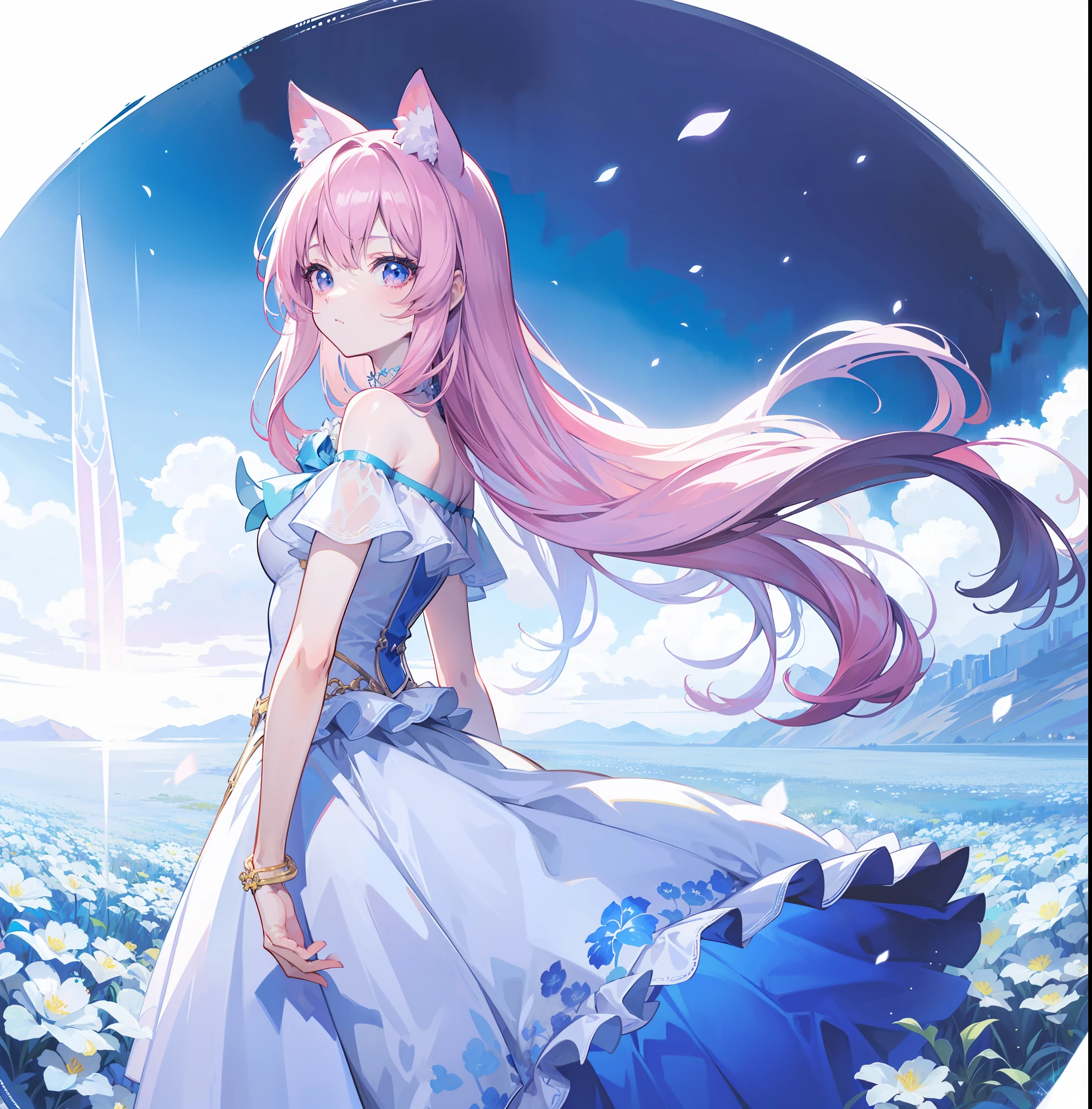 Anime girl in blue dress standing in flower field, official anime artwork, Very Beautiful Anime Cat Girl, Anime visuals of cute girls, ethereal anime, anime key art, beautiful anime catgirl, anime key visual concept art of, beautiful fantasy anime, Detailed key anime art, anime moe art style, Official Character Art, Cute anime waifu in a nice dress