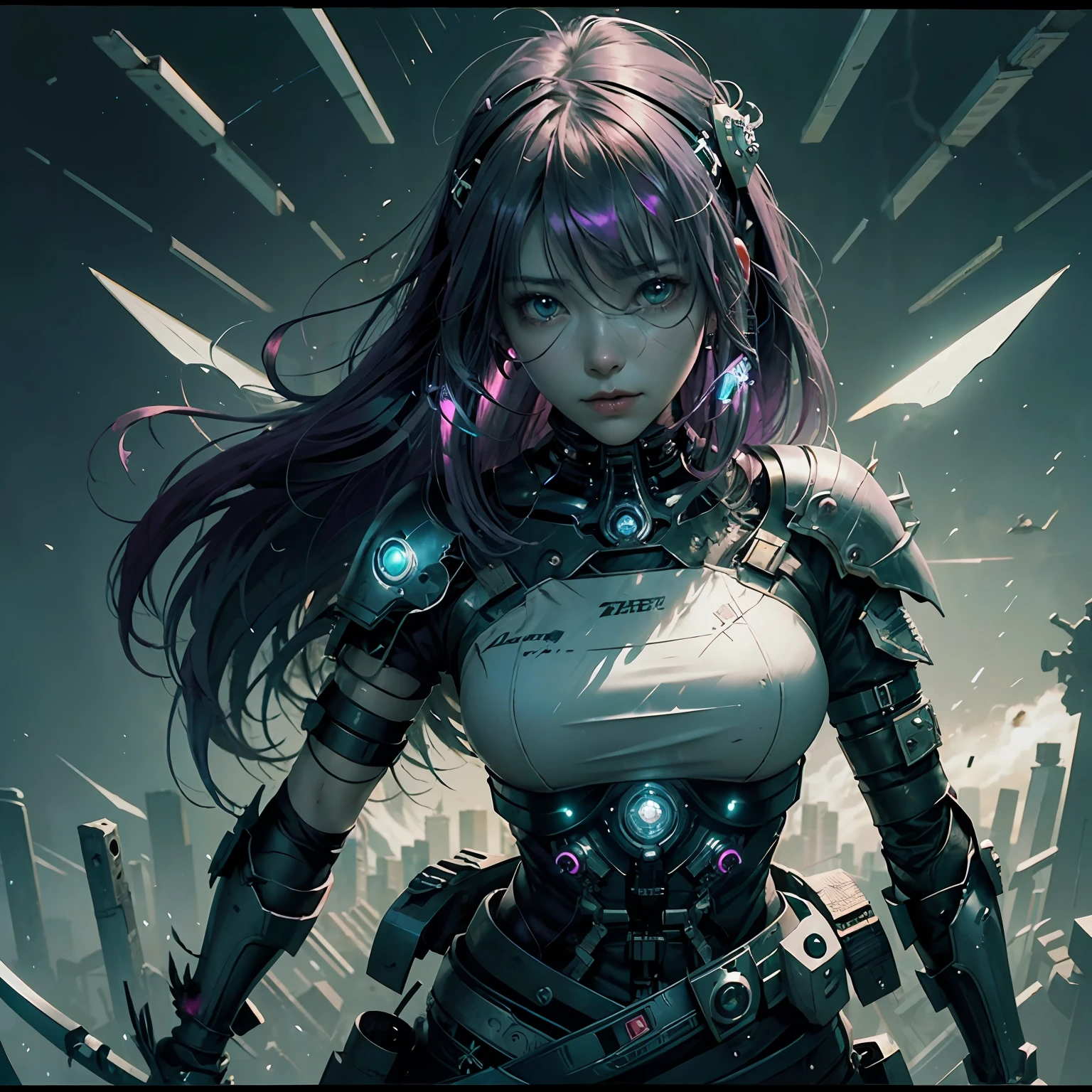 (Extreme Detail CG Unity 8K Wallpapers，tmasterpiece，Highest image quality)，(Delicate light and shadow，The picture is highly dramatic，Cinematic lens effect)，Beauty with purple hair and green and white clothing, Maple Story Girl, style of ghost blade, Glowing green spear, spiky skin, Stylized anime, With a long gun, lineless, holy cyborg necromancer girl, katana zero，cyber punk style --auto