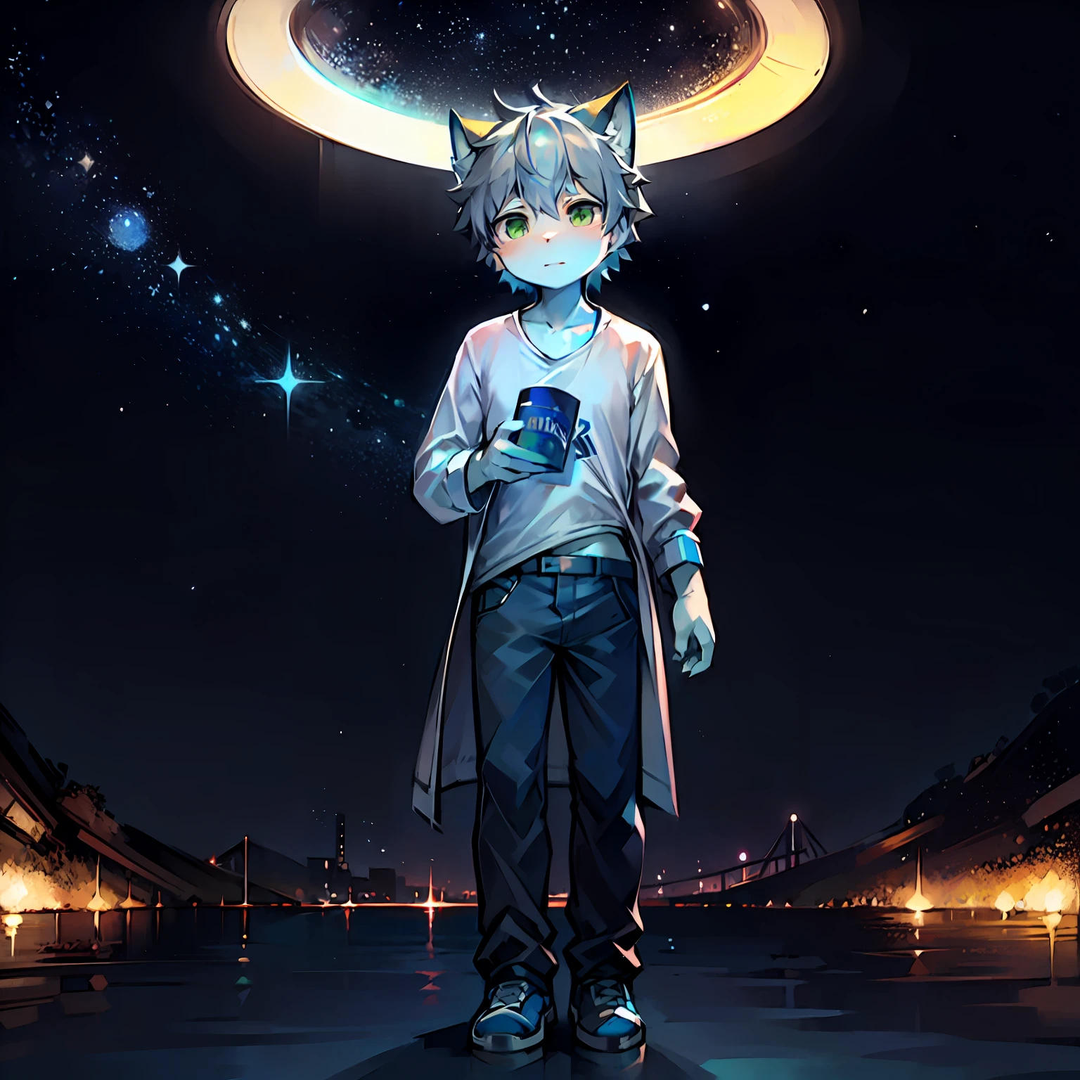 Blue and white coat color,catss,adolable,shorter pants,high qulity,Green eyes,Gray hair,Casual T-shirt,underage,male people,Delicate hands,younge boy,starrysky,Shota,There was only one boy,expansive view