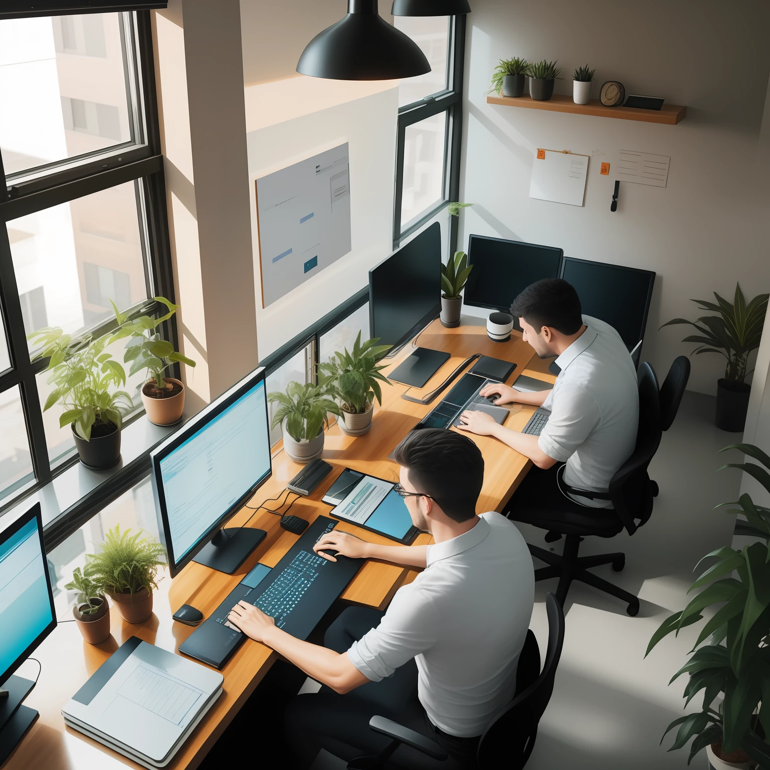 there are two men sitting at a desk with computers and a plant, 🦑 design, in a open-space working space, developers, working in an office, working on a laptop at a desk, in the background, programming, sitting at a computer desk, professional, in front of a computer, creative coder with a computer, 8k