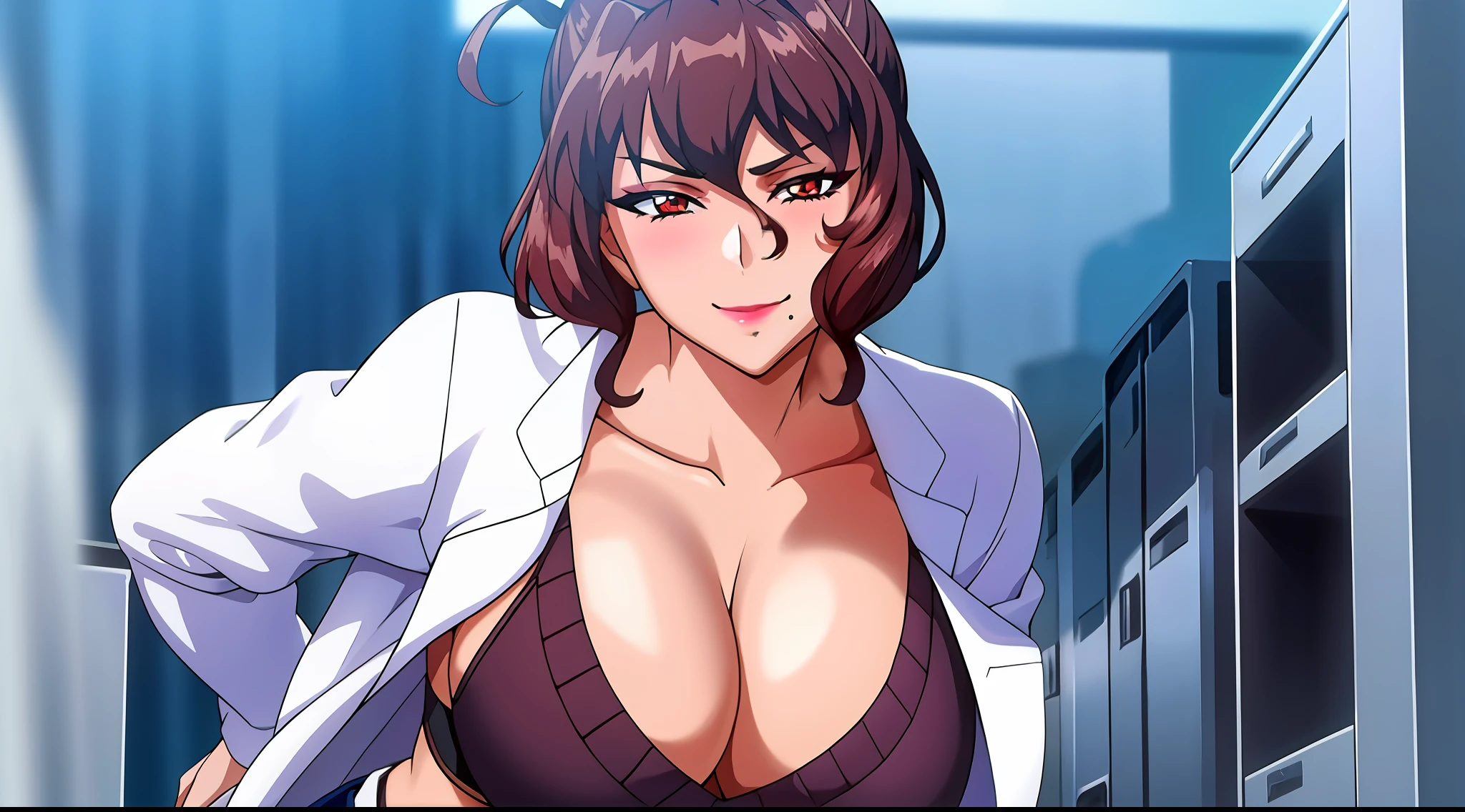 (beautiful hand:1.2), (masterpiece, best quality:1.3), Aiko Katsuragi, mature female, beautiful face, pretty face, (half body shot:1.05), 1girl, makeup, big breasts, lipstick, brown glowing eyes, folded ponytail, brown hair, cleavage, perfect body, (sexy body:1.3), (doctor, labcoat:1.2),  perfect eyes, perfect retina, blushed, eyeliner, eyeshadow, perfect face, smile (seductive look:1.1), look at viewer, high sharpness, sharp focus, medical room, professional artwork, intricate details, vivid colors, Diffused lighting, digital blending, ultra detailed body, ultra detailed hair, ultra detailed face, trending on pixiv, for desktop wallpaper