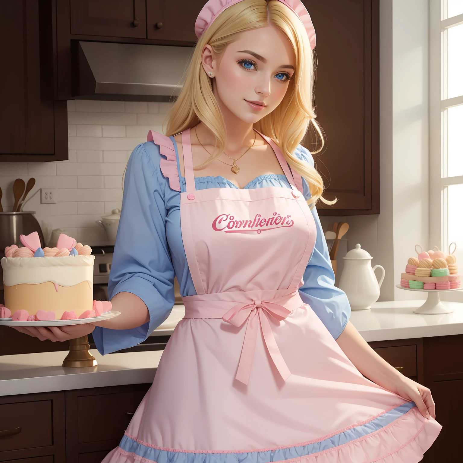Blonde woman wearing a confectioner's outfit with an apron written P&P Sweets on her chest, clothes in blue and pink