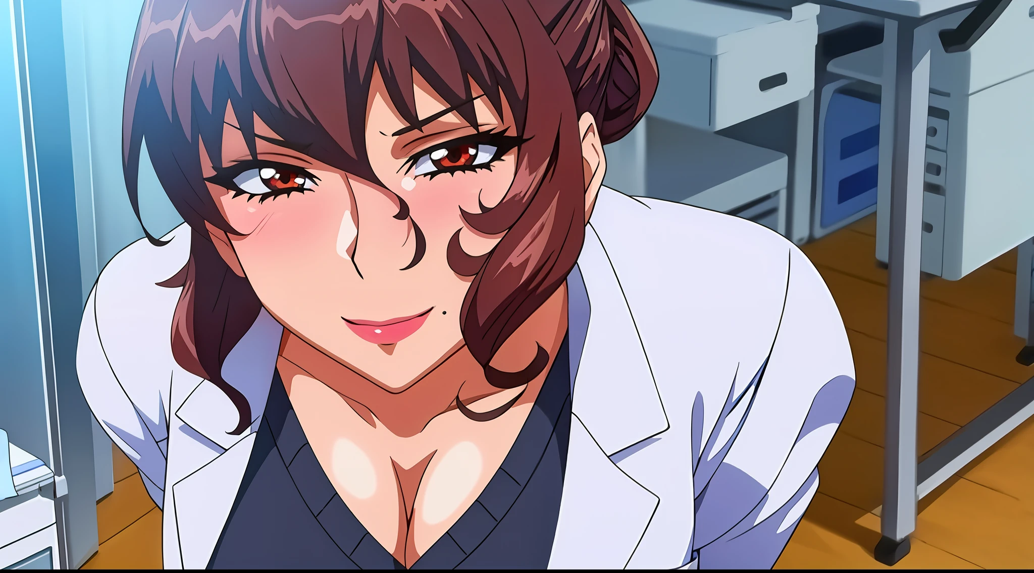 (beautiful hand:1.2), (masterpiece, best quality:1.3), Aiko Katsuragi, mature female, beautiful face, pretty face, (half body shot:1.05), 1girl, makeup, big breasts, lipstick, brown glowing eyes, folded ponytail, brown hair, cleavage, perfect body, (sexy body:1.3), (doctor, labcoat:1.2), perfect eyes, perfect retina, blushed, eyeliner, eyeshadow, perfect face, smile (seductive look:1.1), look at viewer, high sharpness, sharp focus, medical room, professional artwork, intricate details, vivid colors, Diffused lighting, digital blending, ultra detailed body, ultra detailed hair, ultra detailed face, trending on pixiv, for desktop wallpaper