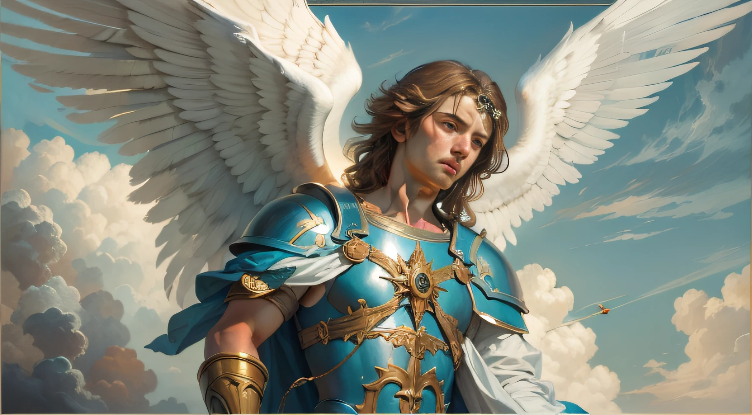 [A realistic painting of St. Michael the Archangel in blue armor with white wings over the clouds, rosto detalhado]