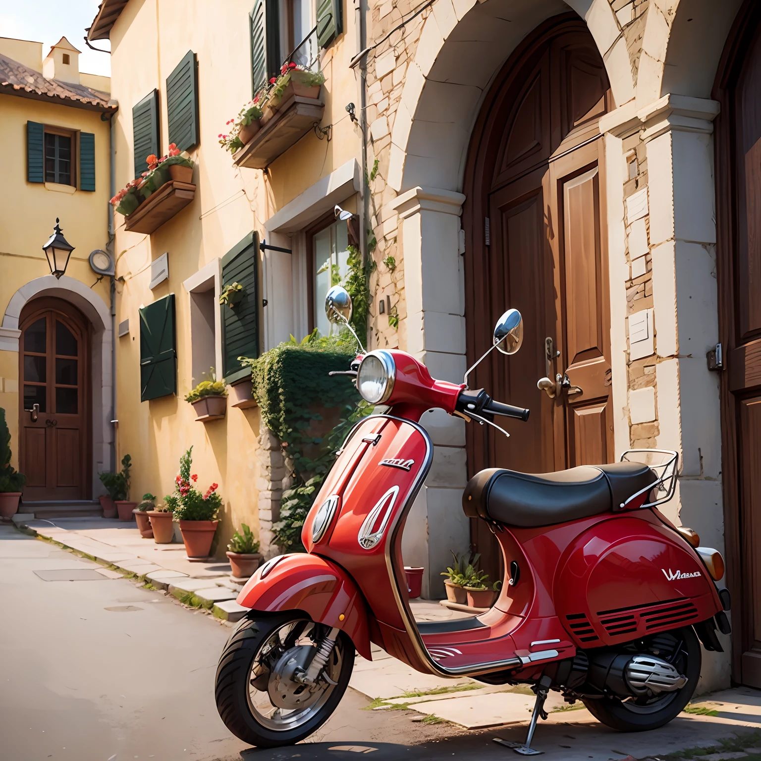 "It's a picturesque Italian villa with a lively red Vespa parked outside."