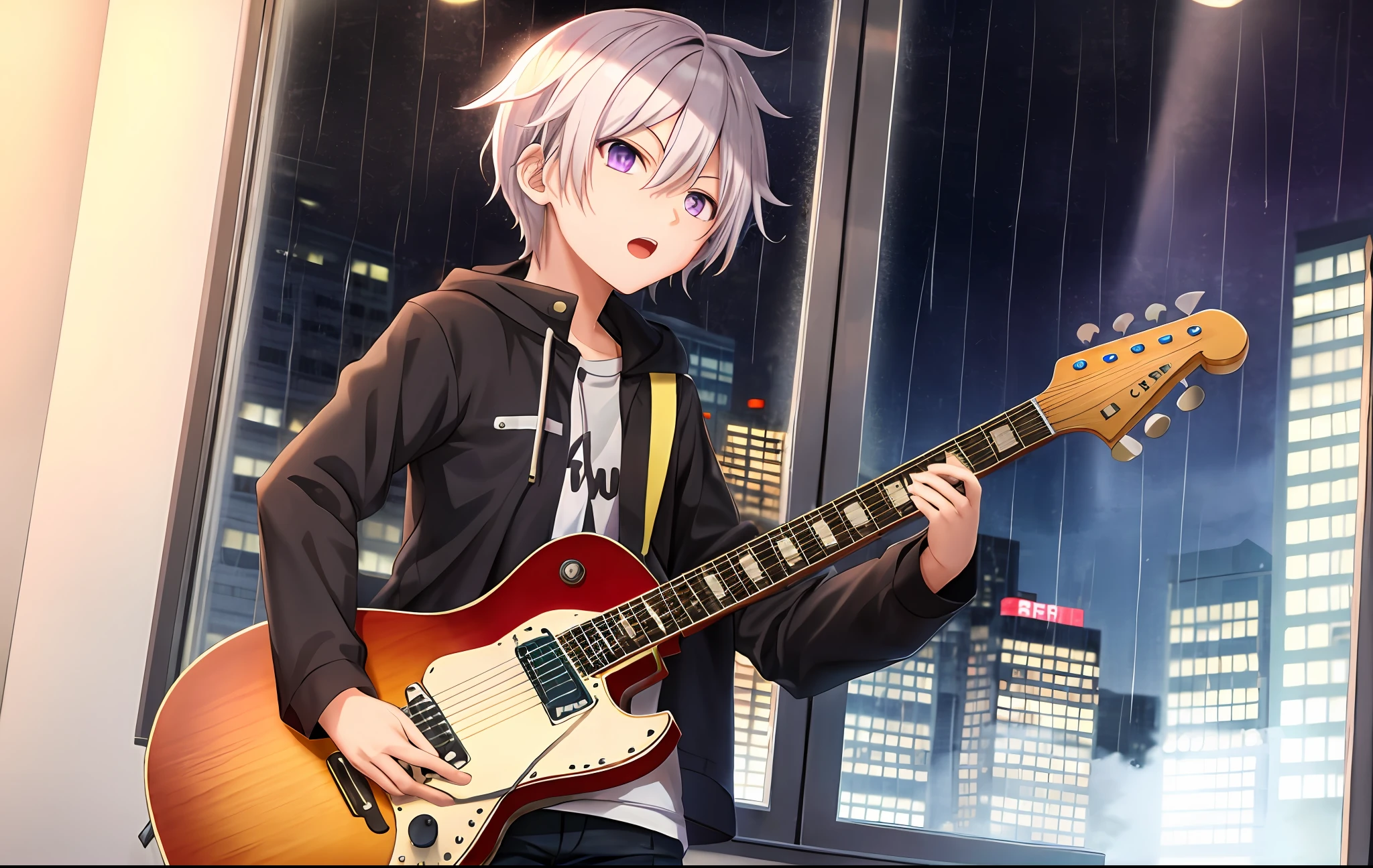 shota,anime boy, with jacket,white hair,purple eyes , 4k quality, singging withe guitar solo,solo boy, behind window, weather rainy,in the apartment, background city,closed window