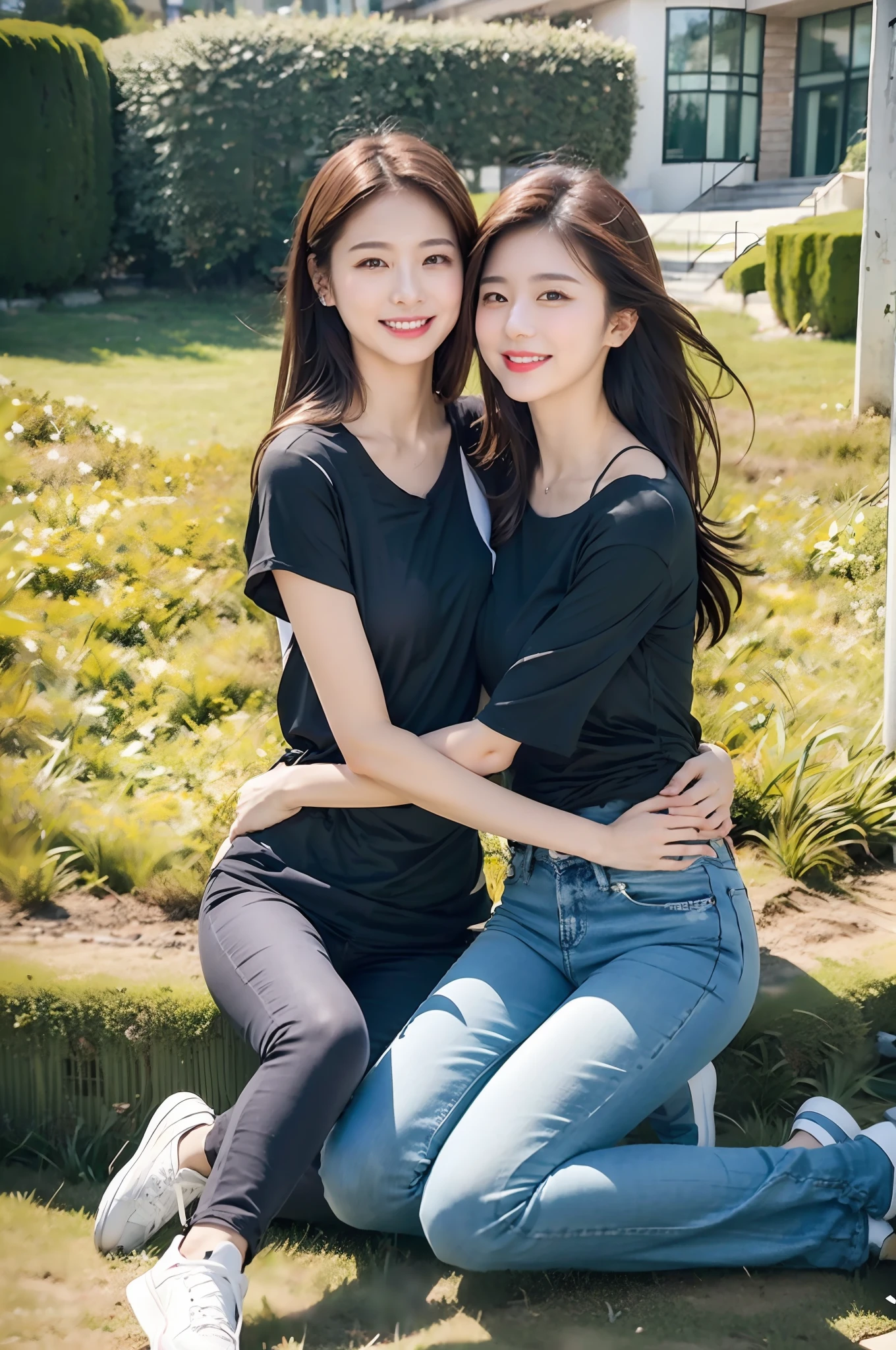 (RAW photogr,超高分辨率,tmasterpiece,best qualtiy:1.4),Complicated details,2 20 year old Korean girl,Wear a loose black T-shirt and skinny jeans,Stand on the grass and take pictures,hugs,Intimate relationships,Detailed meadow,A sweet smile on a small face,The face and skin are pink and fair,Ultra-realistic facial details,Playful and coquettish pose,The calves are straight and slender:1.5,Wear high-end branded colorful travel shoes:1.5,eventide,warm color,Broad lighting,naturalshadow,taking a full body photo:1.8