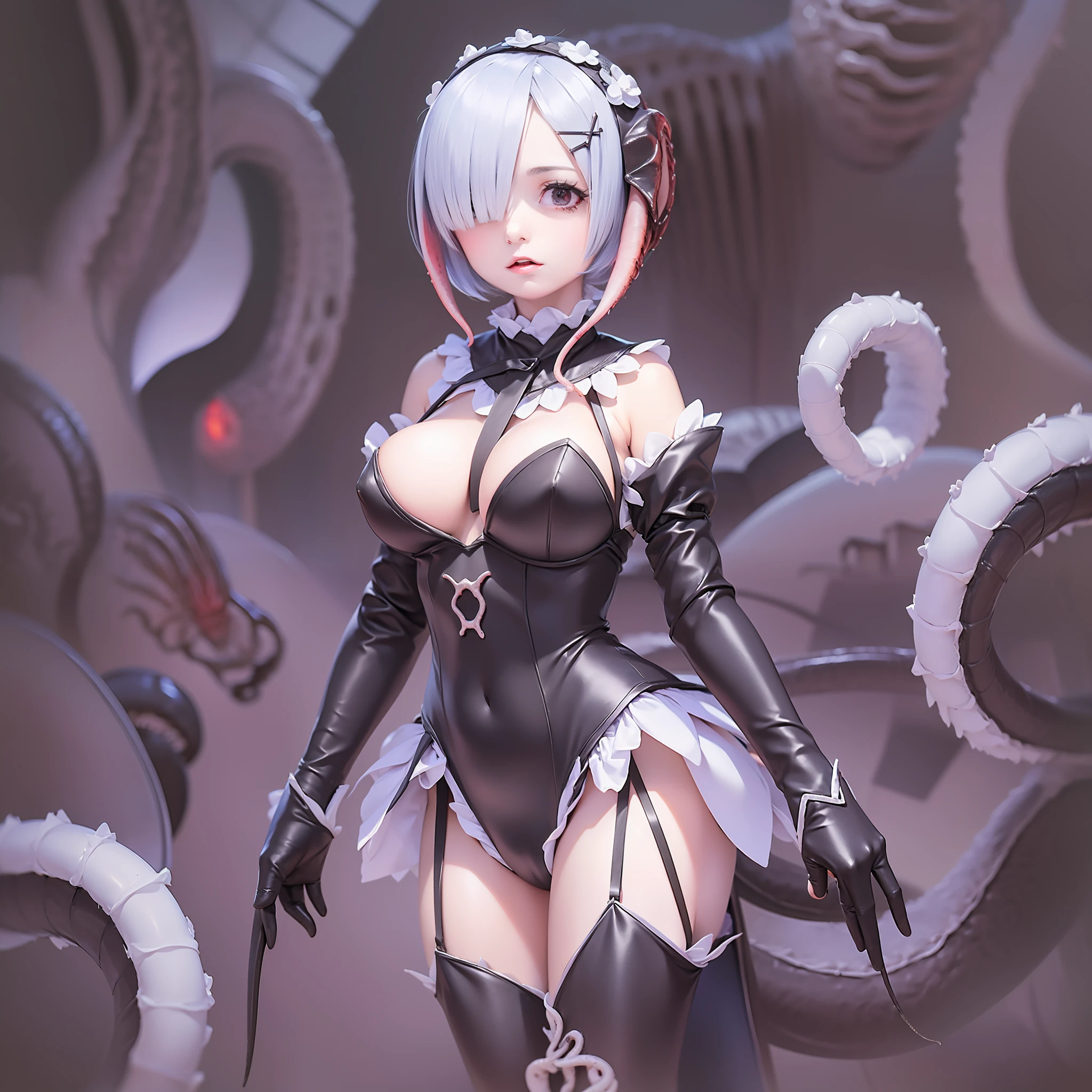 ​masterpiece, top-quality, Hi-Res, (((((Evil Fall))))),(((((((Creatureization))))))), (((((Parasitized))))),(((((tentacle clothes))))), (((Leotard))), (Hollow eyes), (((Colossal tits))), (((neck tie))), (((1girl in))), ((独奏)), (((Standing picture))),Ram(Re:Life in another world starting from scratch), A pink-haired, white thighhig, (((short-hair))), red eyes, Hair above one eye, ((frilld)), ((garter strap)),full-body view, Expressionless evil,Parasitic tentacles,Tentacle