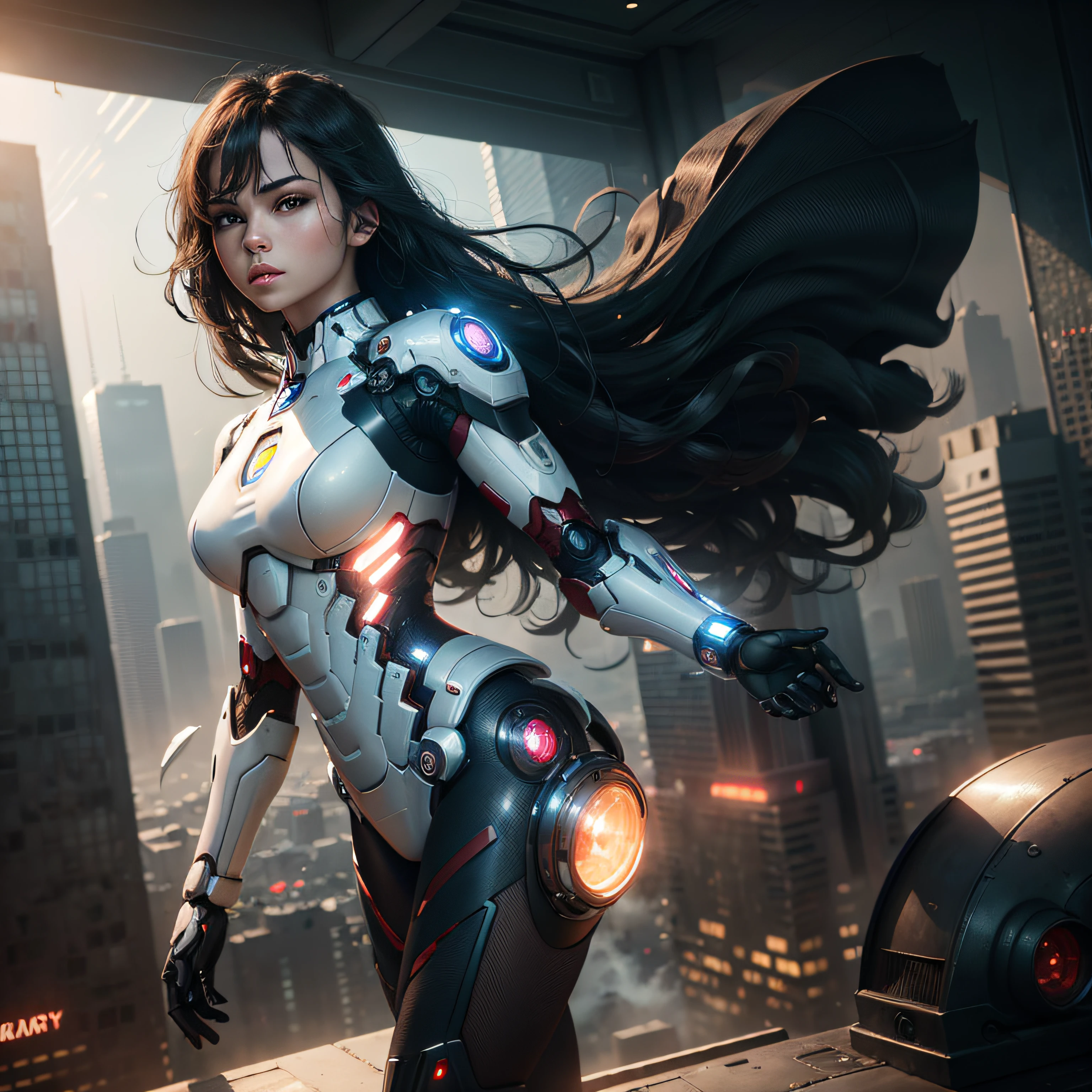 RAW, Masterpiece, Ultra Fine Photo,, Best Quality, Ultra High Resolution, Photorealistic, Sunlight, Full Body Portrait, Stunningly Beautiful,, Dynamic Poses, Delicate Face, Vibrant Eyes, (Side View) , she is wearing a futuristic Iron Man mech, very detailed background, detailed face, detailed busy background, messy, gorgeous, milky, high detailed skin, realistic skin details, visible pores, sharp focus, volume Fog, 8k uhd, dslr, high quality, film grain, fair skin, photorealism, lomography, sprawling metropolis in a futuristic dystopia, view from below, translucent --auto