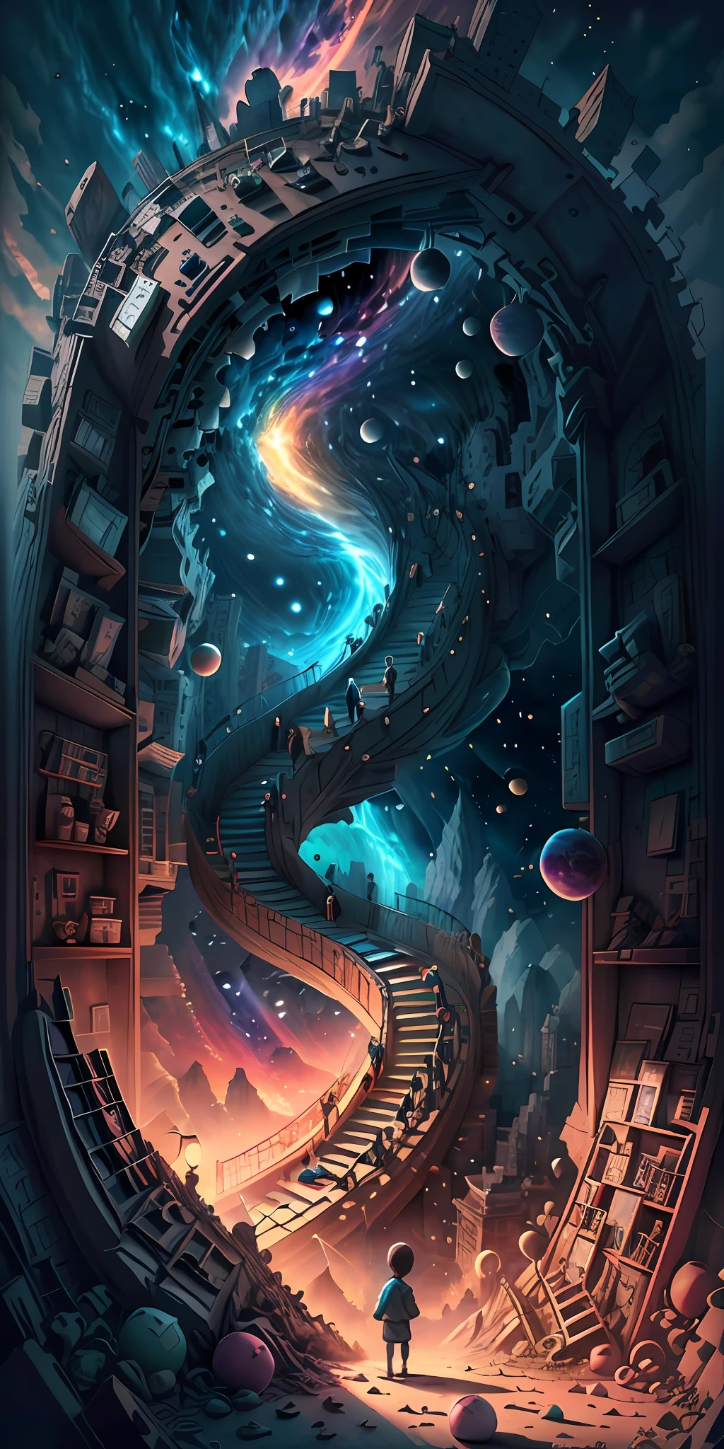 A child's room with a wall overlooking a parallel universe, filled with bright colors and animated toys.
