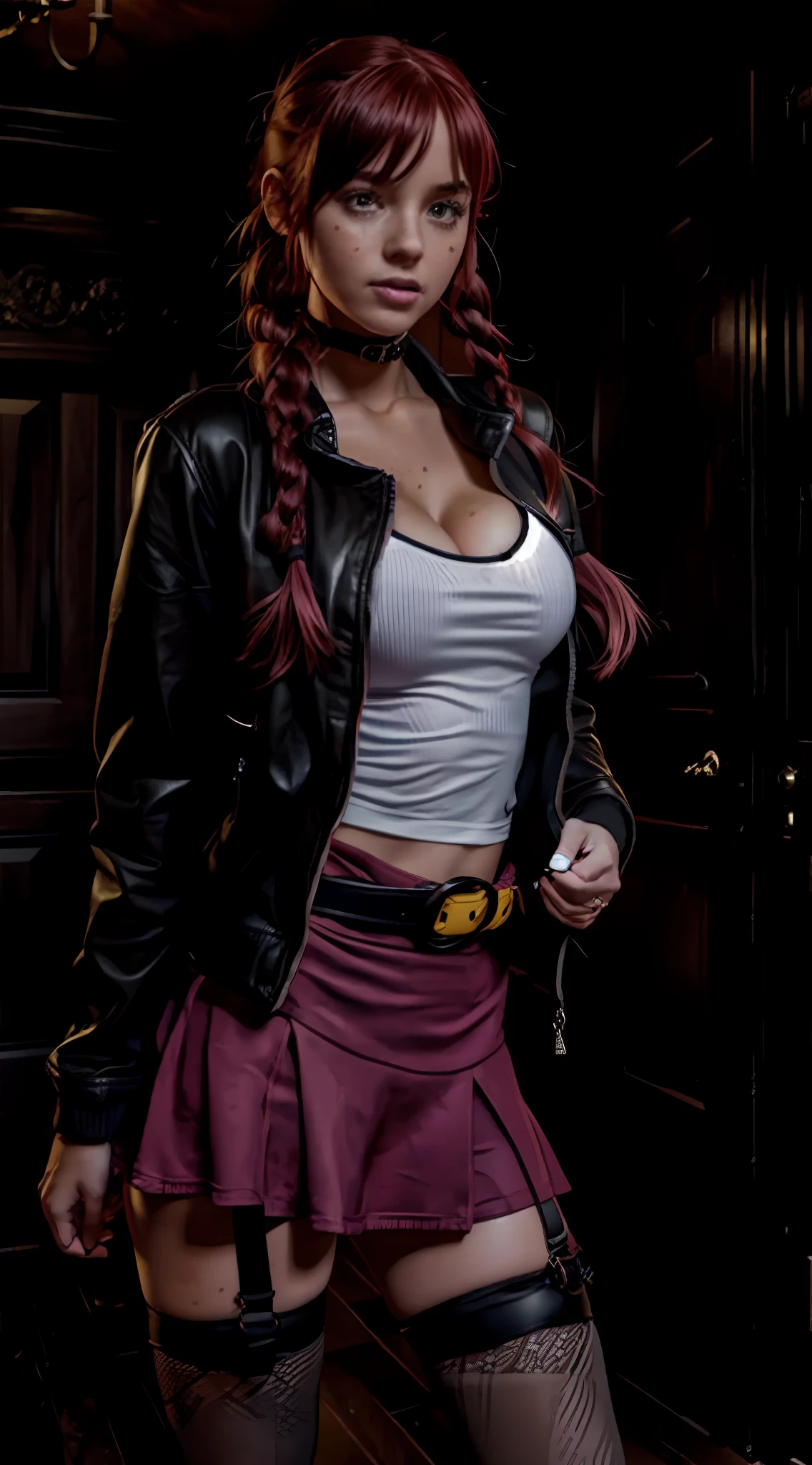 a girl in an old scary mansion, full body, photorealistic, final render, real life, red hair and plaits, cute, freckles, black leather jacket, white tshirt with yellow tongue emoji logo tshirt, cleavage, black fishnets tights, tights, big white boots with buckles, high pink thong straps, high underwear, with a monster backpack rucksack fluffy, radio on belt, walkie talkie, biting her lip, alone, only one girl, cheeky, pink skirt