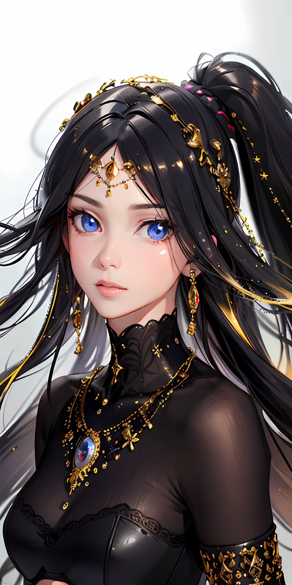 Highest image quality,A high resolution,A masterpiece,tmasterpiece,Beautiful,Temperamental girl,solo,Long curly blue-black hair,Catwalk background,A long dress with a sense of design,ear jewelry,choker necklace,close,The upper part of the body,gem-like eyes,high-heels,Indifferent eyes