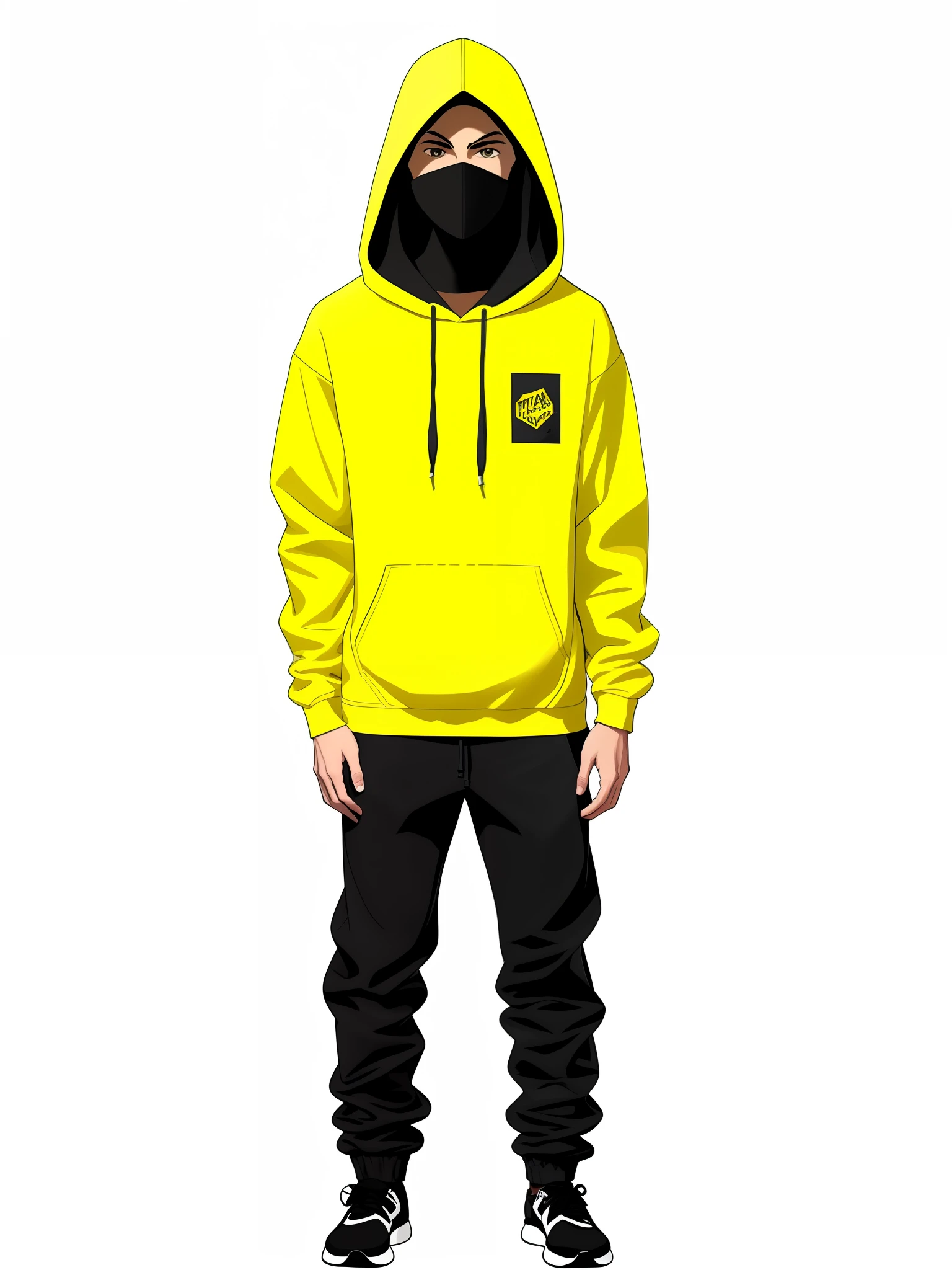 cartoon of a man in a yellow hoodie and green pants, wearing a yellow hoodie, wearing a hoodie and sweatpants, wearing a hoody, wearing a tracksuit, in a hoodie, wearing a hoodie, black and yellow tracksuit, with yellow cloths, wearing a track suit, hooded figure, wearing a dark hood, wearing hoodie, unrealistic character concept