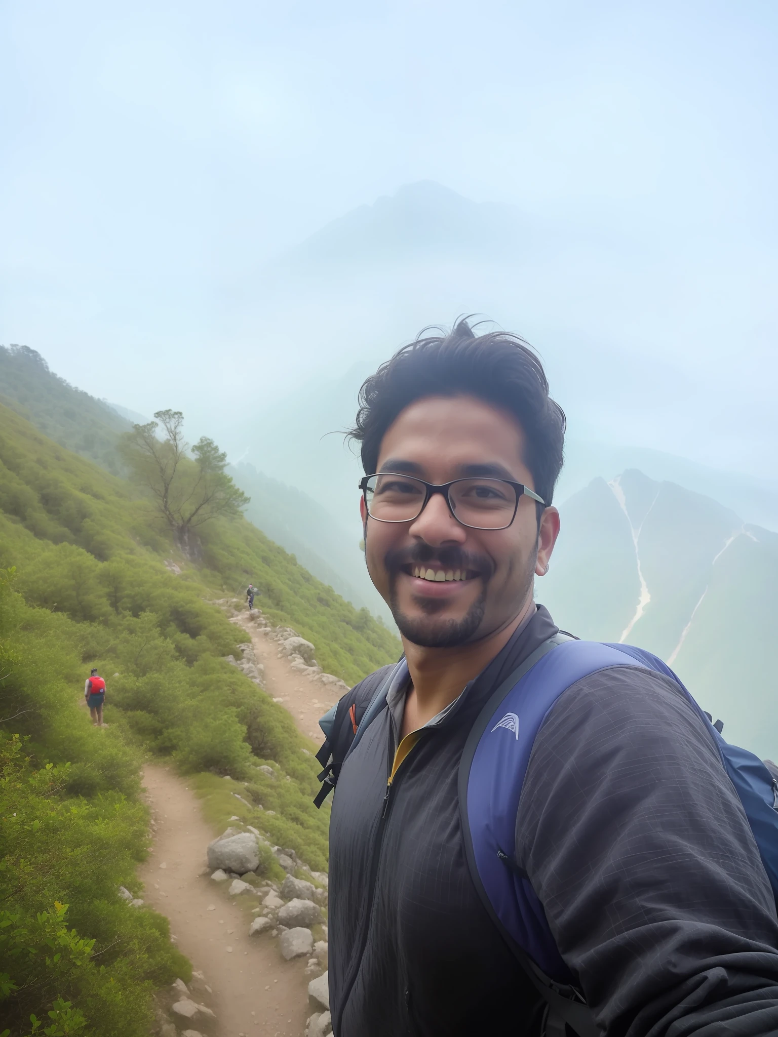 there is a man taking a selfie on a mountain trail, inspired by Kailash Chandra Meher, in mountains, with mountains in the background, standing in front of a mountain, amidst nature, with mountains as background, with mountains in background, selfie photo, in the mountains, with a happy expression, solo hiking in mountains trees, in front of a forest background