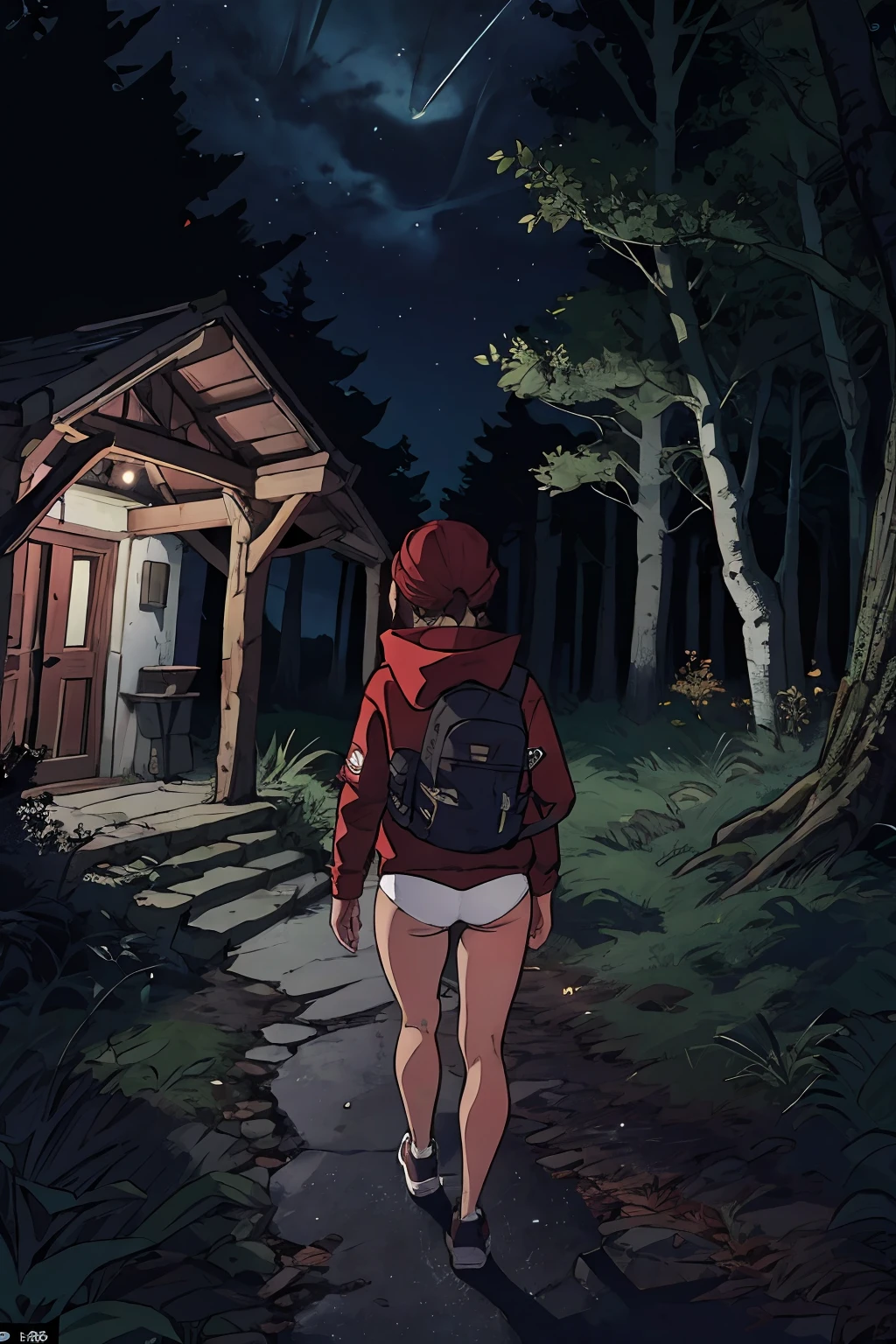 (masterpiece:1.2, best quality), (highly detailed:1.3), 1girl,  girl, (white panties), (red hoodie), backpack, walking in the forest, from behind, dark forest, dark, night, dark theme, a small hut with glowing windows