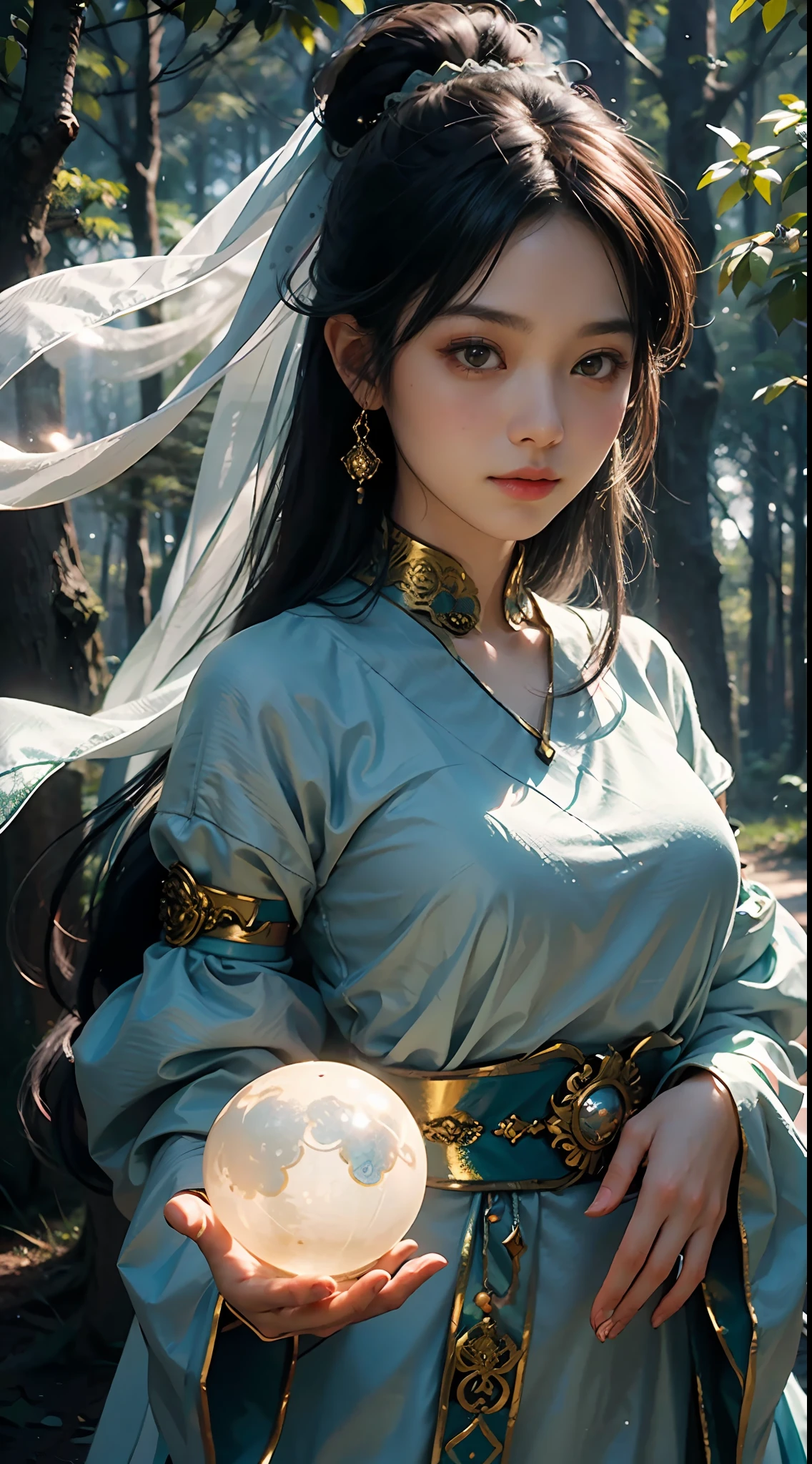 In the style of anime, A mysterious young woman holds a glowing orb,Cast a soft glow, ethereal glow upon her flawless features. The setting is a silent, moonlit forest and her attire is an ornate fusion of traditional Asian culture and futuristic fantasy. Every detail of her face and costume is presented in extreme close-ups,The level of detail is extraordinary. artist: Alec Soth
