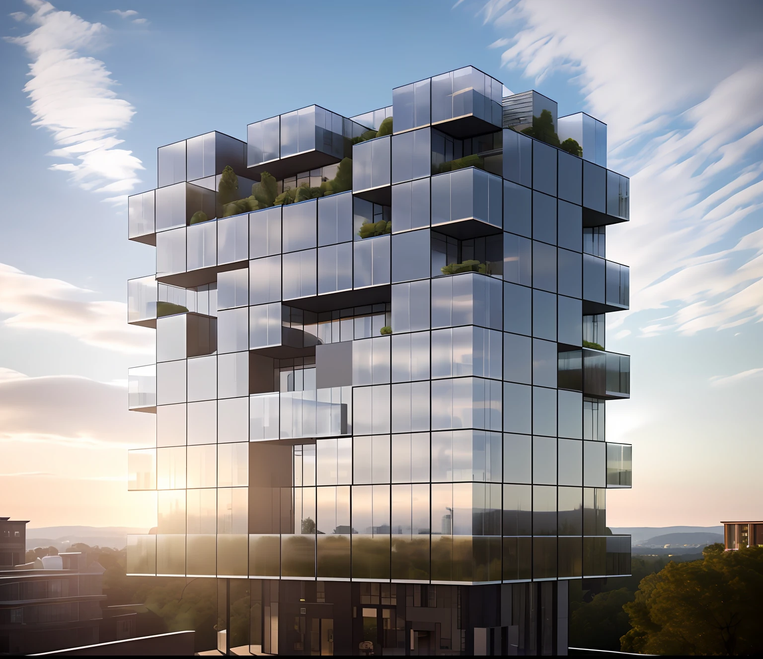 ((masterpiece, best quality)), 8k, modern architecture style, photo realistic, david chipperfield, ((cinematic lighting:1.4)), hyper detailed photo, single box, a digital 3d render of a building,( stone:1.1), leansflare, mountain, tall building, sunset, ((openpose:1.3))