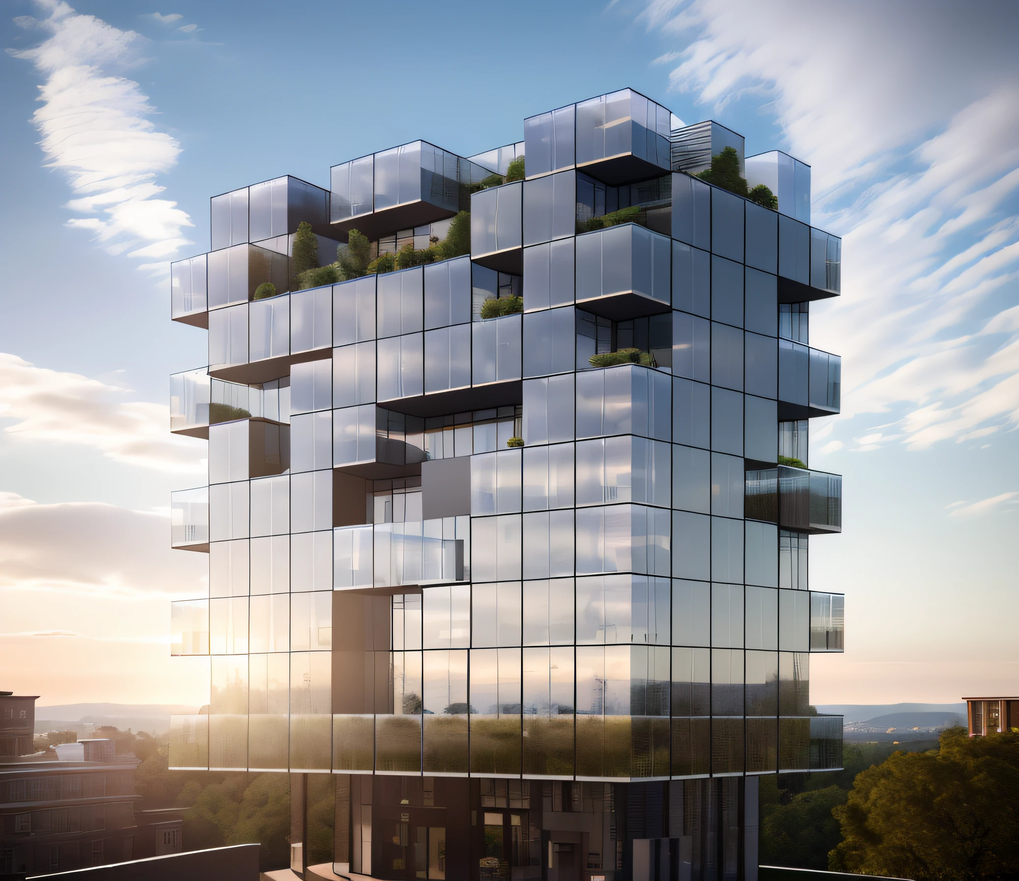 ((masterpiece, best quality)), 8k, modern architecture style, photo realistic, david chipperfield, ((cinematic lighting:1.4)), hyper detailed photo, single box, a digital 3d render of a building,( stone:1.1), leansflare, mountain, tall building, sunset, ((openpose:1.3))