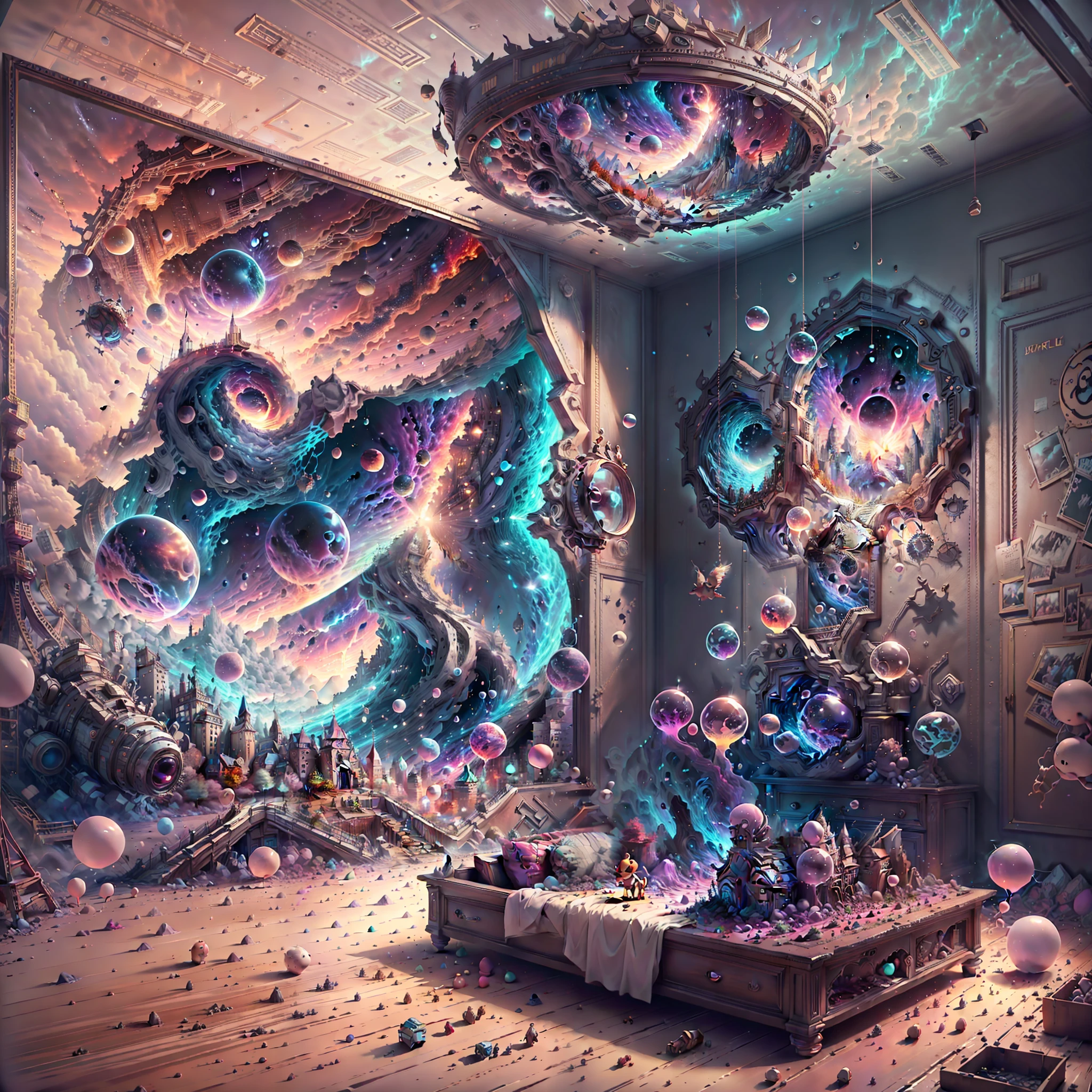 A very detailed and very high quality children's room with a wall that overlooks a parallel universe, filled with bright colors and animated toys. Uhd, 8k, octane render, scene approaching perfection, hyperdétaillée