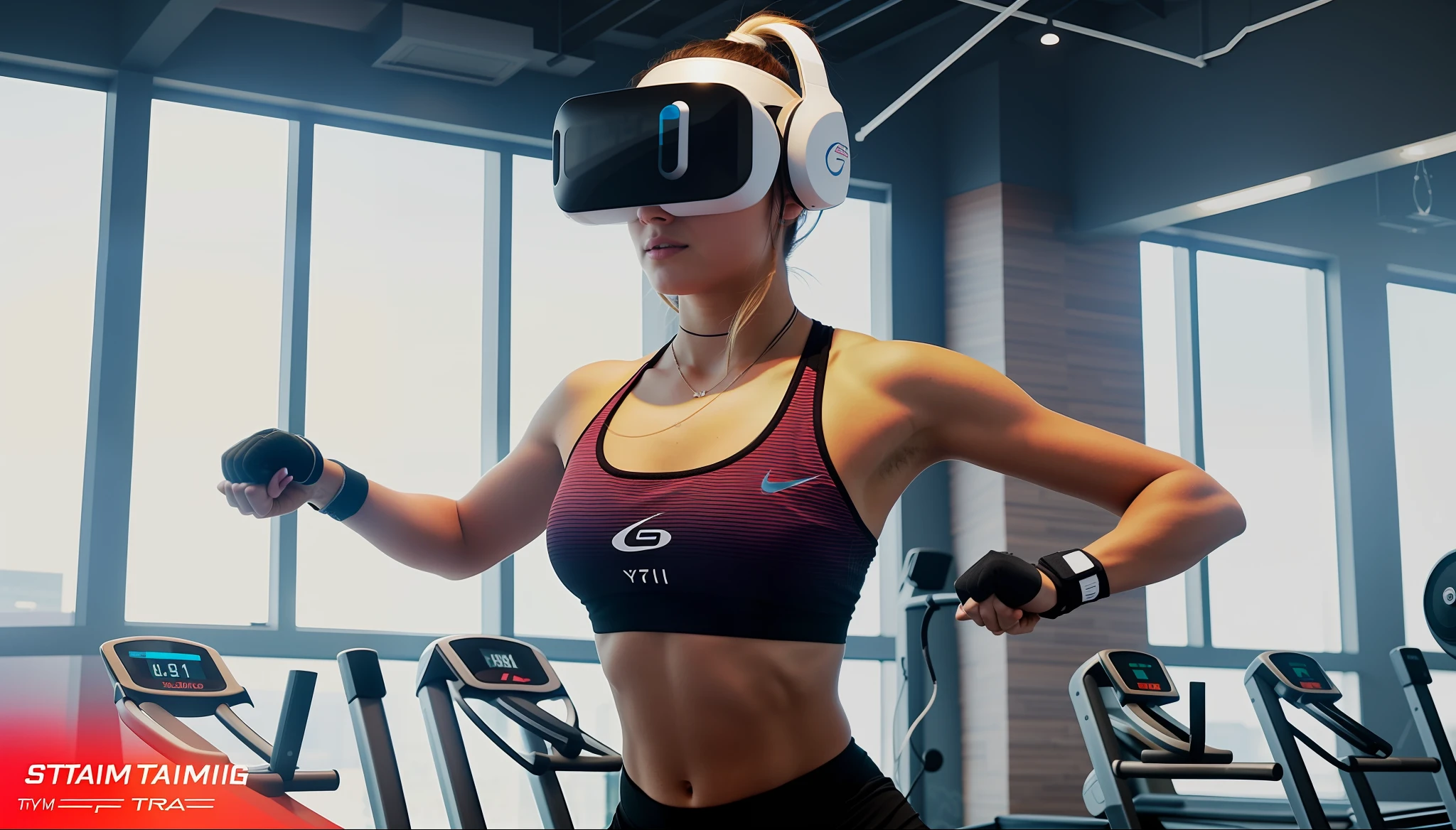 Create an image of an athlete training in a virtual sports setting. They're in a virtual gym, where they can simulate different types of exercises and receive real-time feedback from a virtual trainer, otimizando seu desempenho e evoluindo em suas habilidades.