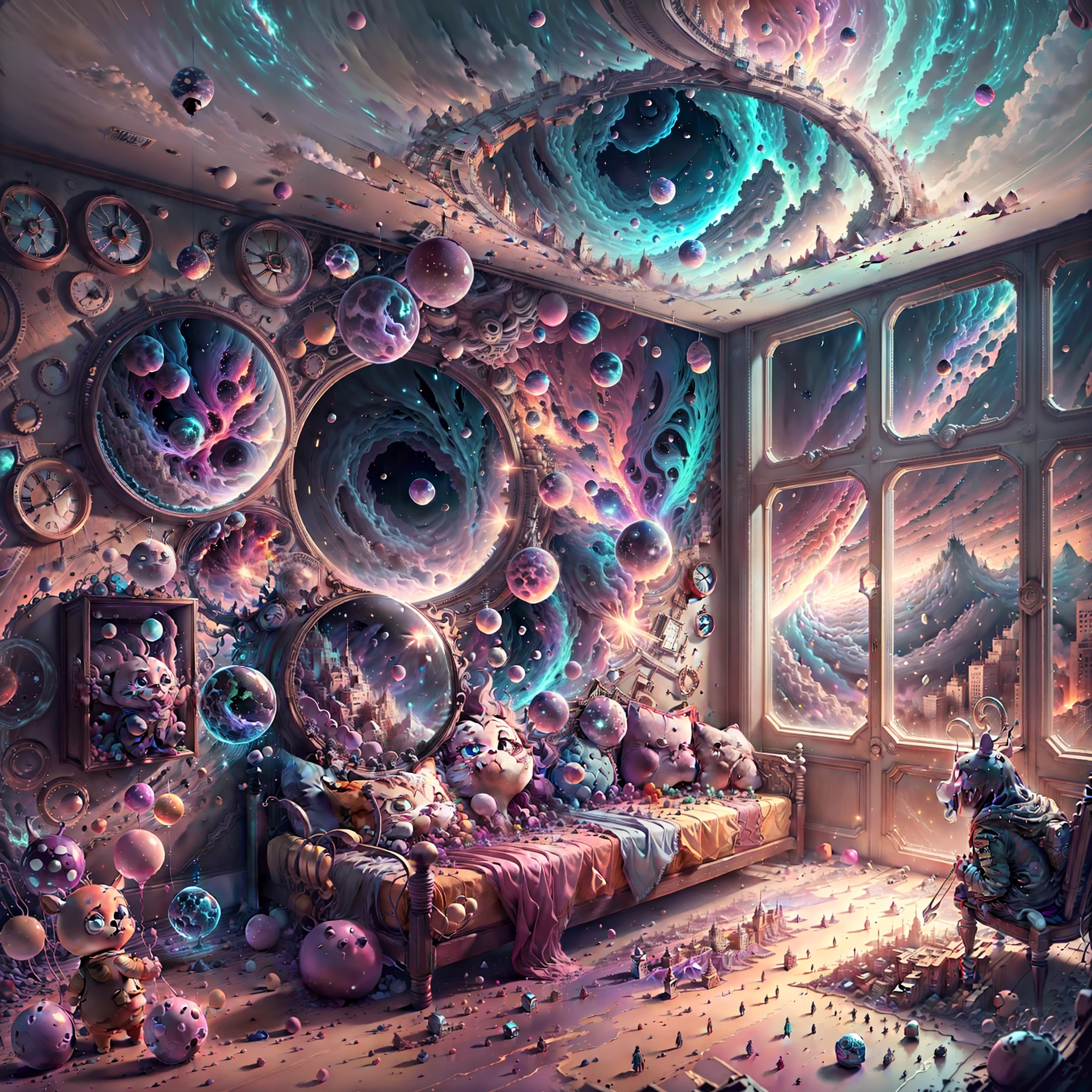 A very detailed and very high quality children's room with a wall that overlooks a parallel universe, filled with bright colors and animated toys. Uhd, 8k, octane render, scene approaching perfection, hyperdétaillée