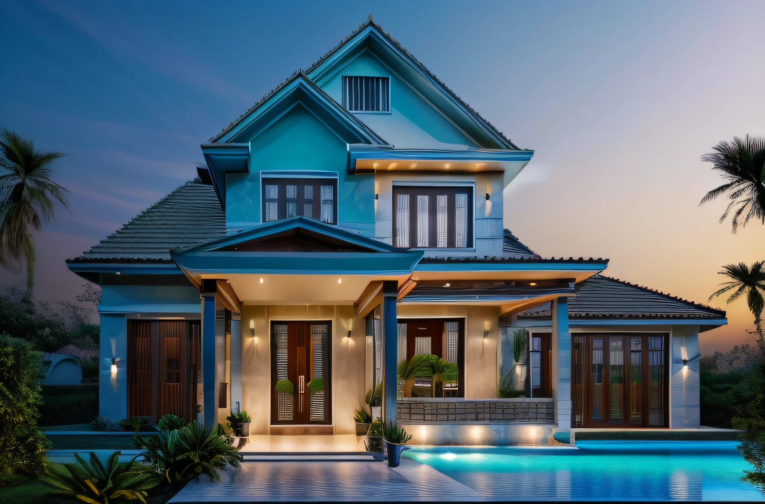 RAW photo,Masterpiece, high quality, best quality, authentic, super detail, 8k uhd, dslr, high quality,exterior,((modern villa:1.5)),nature,(create special projects:1.5), ((pool:0.9)),(( road:1.2)),