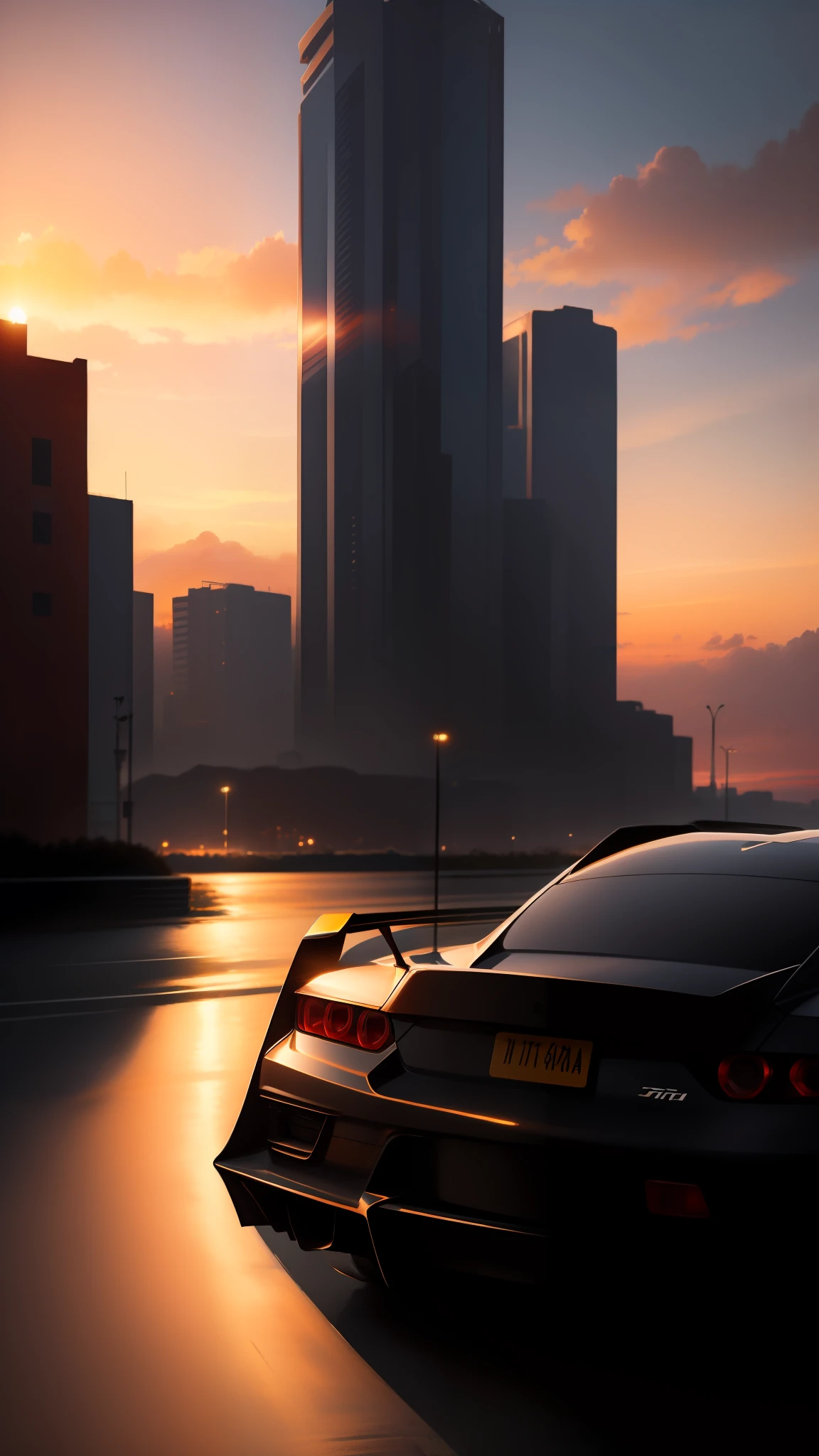 Utra realistic nature background, mild sunset, cyberpunk background with a racing car in the back