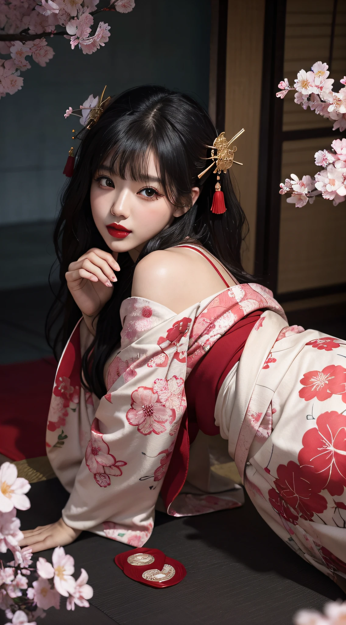 (Top image quality、8k、masuter piece:1.3))、(Realistic:1.2)、(1girl in)、20yr old、huge tit、(Cherry blossoms)、(night:1.2)、Are sleeping、(Deities々Bright luxury kimono:1.2)、(all-fours:1.2)、Straight black hair、long kimono、(Oiran:1.3)、Delicat eyes、二重まぶた、(Very dark eyeliner)、red-lips、Soft breasts、delicated face