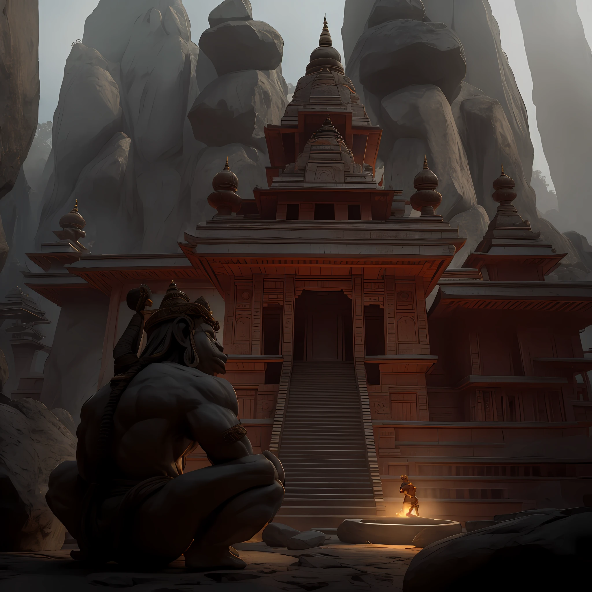 Majestic Temple in an indian mountain village with Hanuman, muscular monkey god meditating in front of temple,hindu mythlogy Cinematic lighting, Cinematic Movie Photograph, Arri Alexa, Extremely Detailed, smooth, very very clean, simple, 8K, octane render, maya render, unreal engine, trending on artstation, DSLR, excellent composition, moody, amidst caves in background, Dramatic lighting , misty,mysterious,flimy frame,ancientstyle.