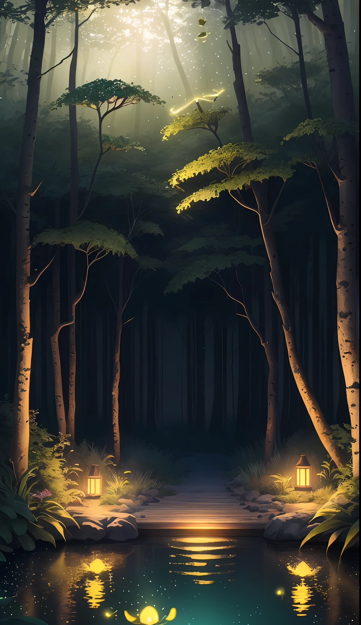 Masterpiece, best quality, (very detailed CG unity 8k wallpaper), (best quality), (best illustration), (best shadows), glow sprite, with a glowing deer, in the swimming pool Drinking water, natural elements in the forest theme. Mysterious forest, beautiful forest, nature, surrounded by flowers, delicate leaves and branches surrounded by fireflies (natural elements), (jungle theme), (leaves), (twigs), (fireflies), (particle effects) etc. 3D , Octane rendering, ray tracing, super detailed