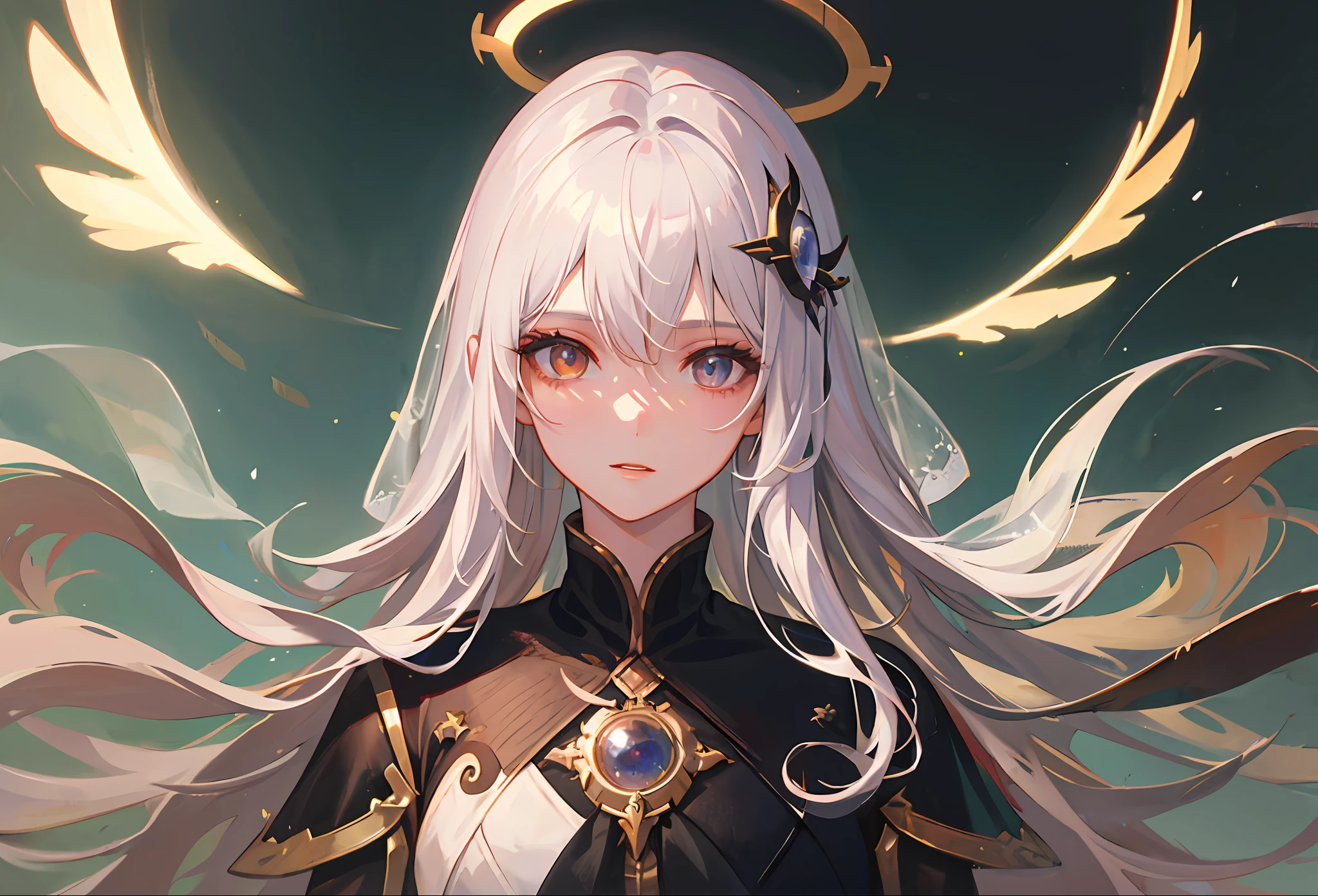 1girl, solo, wallpaper, best quality, masterpiece, oil painting \(medium\),heaven,long hair,white hair,angel,wings,floating island,detail background, (Master's work),(Detailed eye description),(Detailed face description),colorful,hair ornament,halo,veil