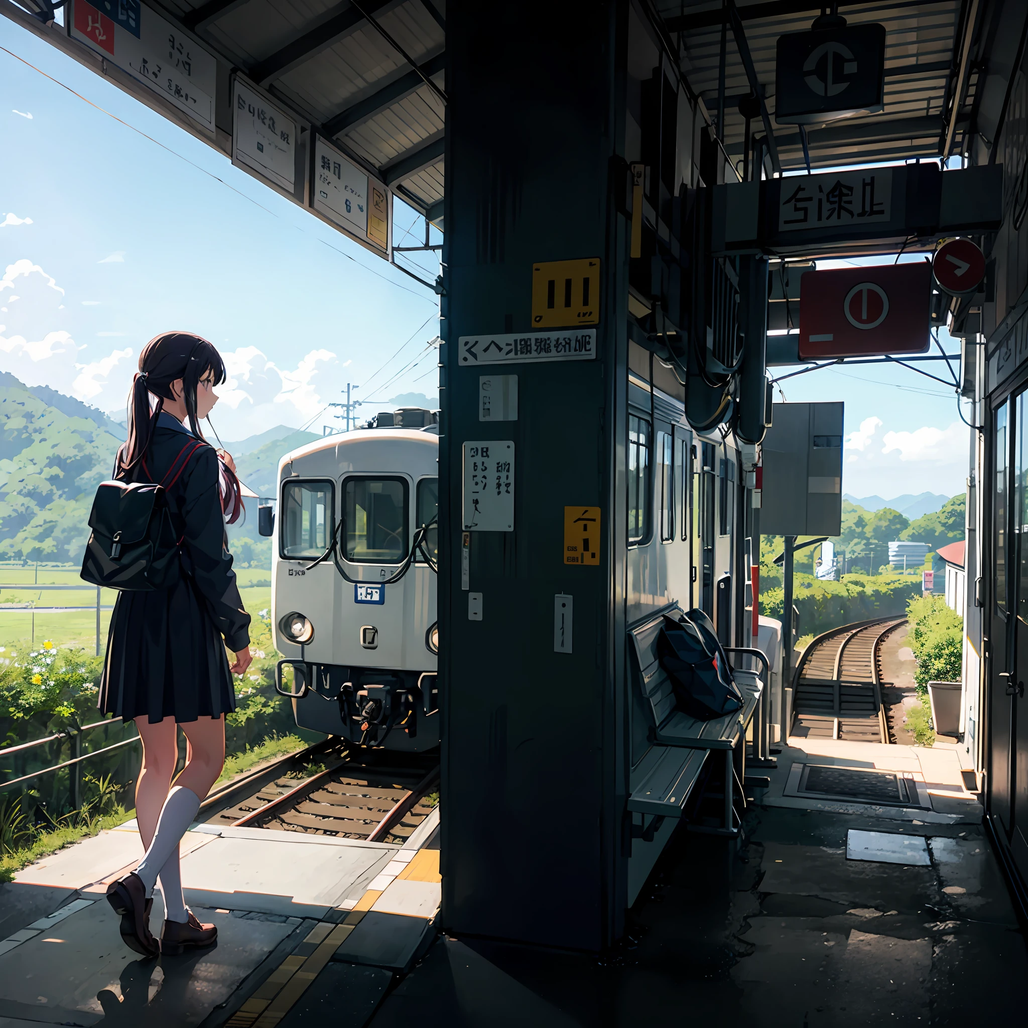Anime style、Single-track trains、Rural station building、A high school girl is waiting for a train alone --auto