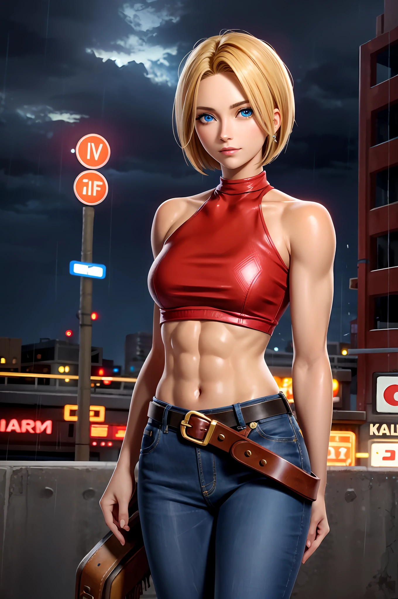 maryms, Best Quality,(beauty), 1girl,phisically-based render ,ultra highres,(cowboy shot:1.5),narrow waist, skinny, LeonaMS ,muscular, big blue eyes,long legs,jeans,leather belt,small breasts,puffy eyes, leather belt,(rainy city), shiny skin, facing viewer, Victory posture,