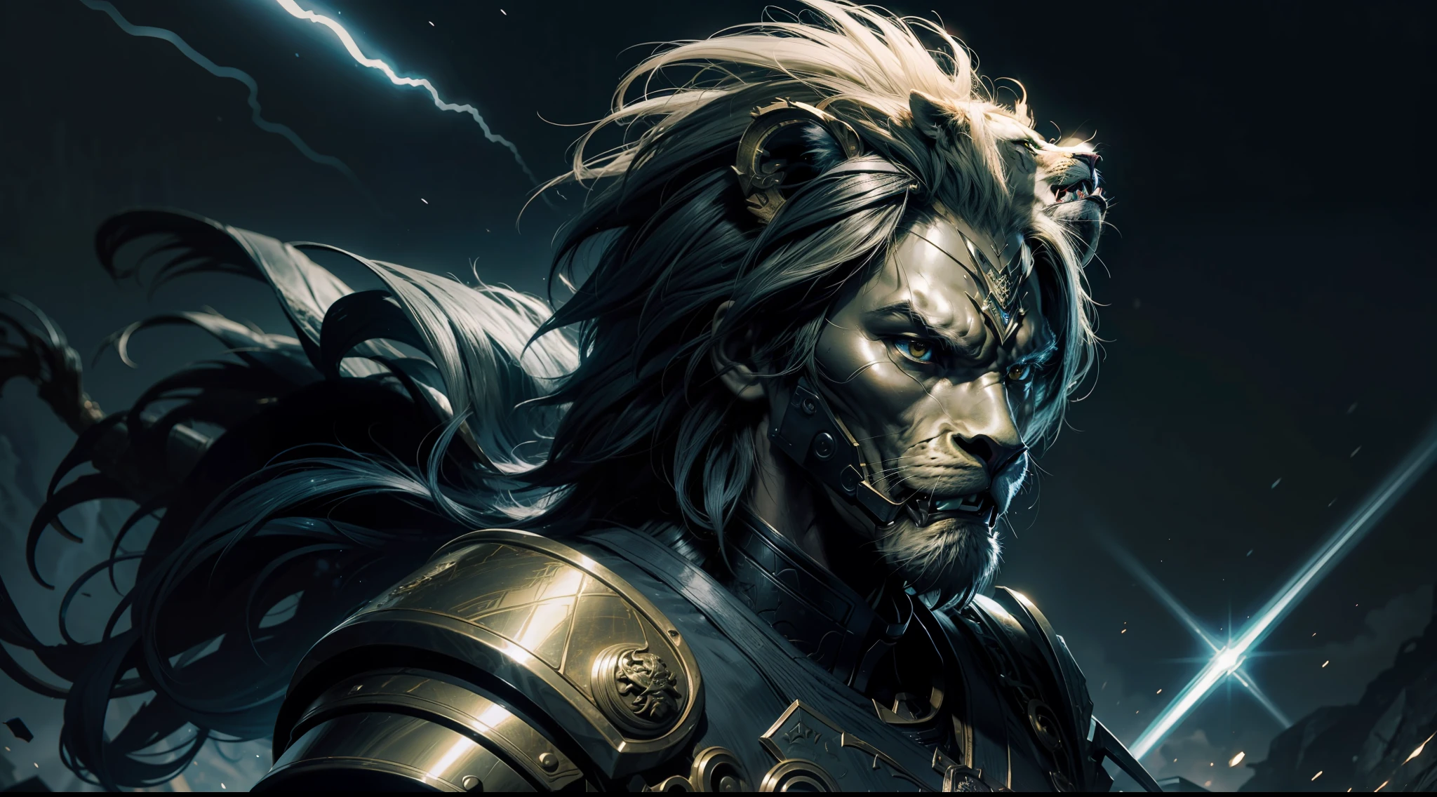 Leo Nebula，Light and dark are intense，streamer，Leo Gold God Fighter，Heavy black armor，Lion's head shaped cuirass，There is a lion next to it，tosen，Mighty，high qulity，8K分辨率，tmasterpiece，Works of masters，Cinematic lighting，super-fine，