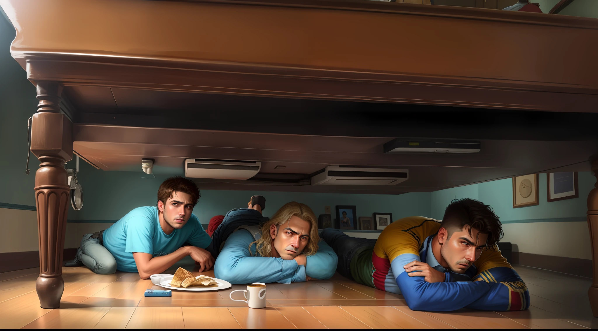 Two men and one teenager. they are lying on the floor under a table, arte chave, super realismo,filme fotorrealista ainda, drama extremo, hiper-realismo", filme realista , hiper - realismo, filme hiper-realista, Hiper-realismo, , a filme muito realista