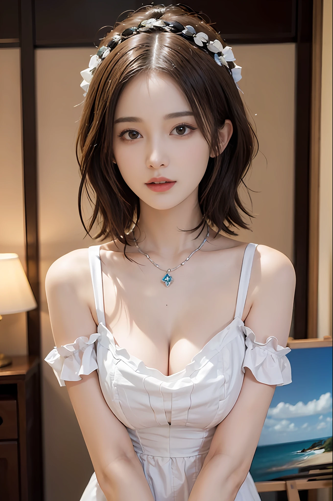 (in the darkness nigth:1.6),Surrealist portraits of women by David Hockney and Alphonse Mucha,Fantasyart,photographrealistic,动态照明,art stations,poster for,Volumetriclighting,Very detailed faces,8 k'',Award-Awarded,,1girll,Female Student,By the sea during the day,deepshadow,low tune,cowboy lens,(shift dresses:1.4),Air bangs short hair,pendant,full bodyesbian,Bigchest,high qulity,k hd,by the sea,