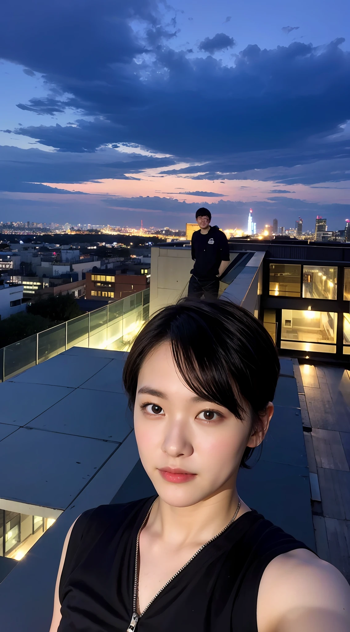 short-haired、20-year-old young man、Rooftop at night、City in the background is bright