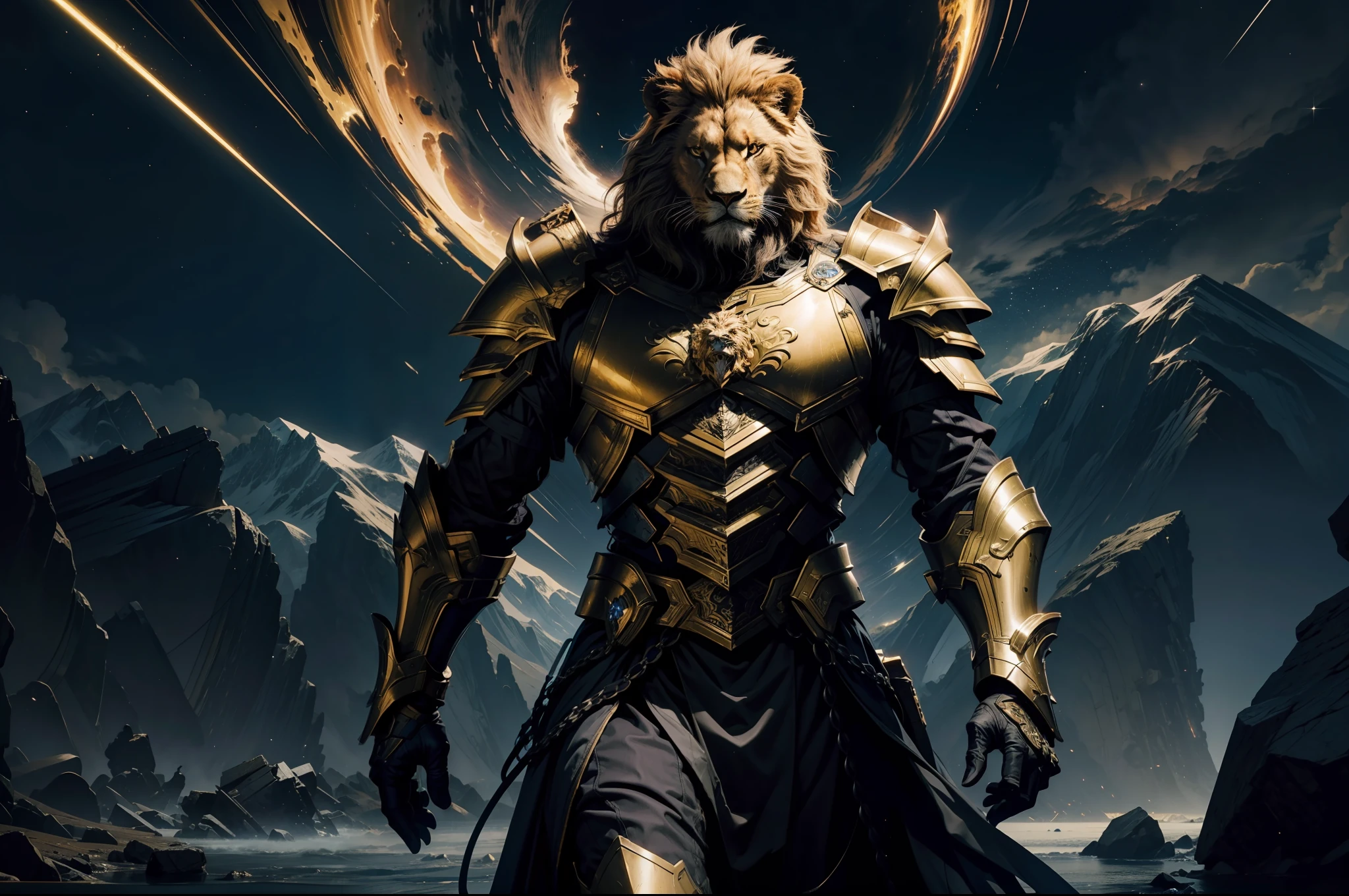 Leo Nebula,Light and dark are intense,streamer,Leo Gold God Fighter,Heavy black armor,Lion's head shaped cuirass,There is a lion next to it,tosen,Mighty,high qulity,8K分辨率,tmasterpiece,Works of masters,Cinematic lighting,super-fine,