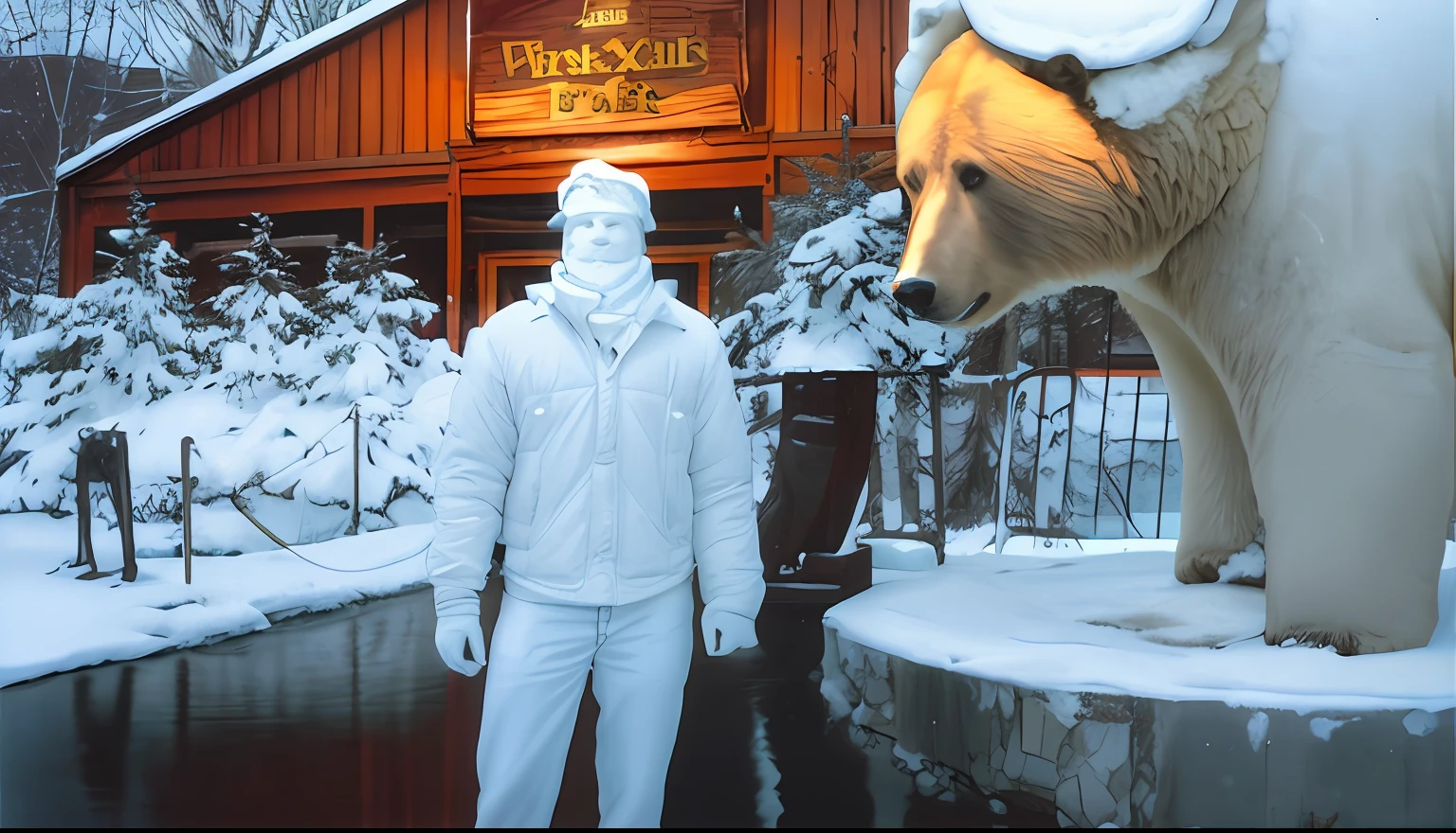 arafed man standing in front of a statue of a bear, scanned in, scanned 2400 dpi, standing in the snow, greg rutkowski winter, about 3 5 years old, around 1 9 years old, taken in the late 2000s, taken in the mid 2000s, discovered photo, taken in silver dollar city